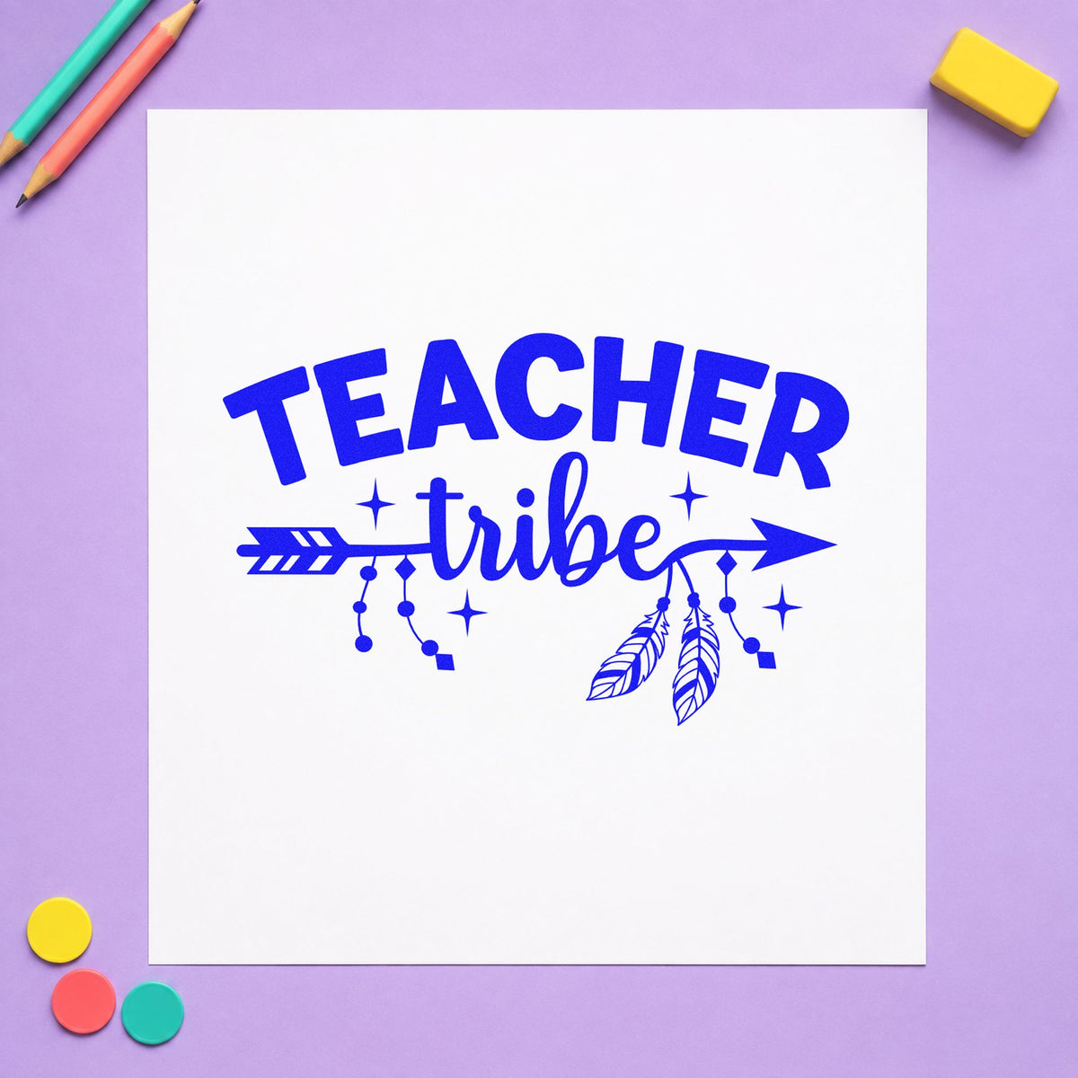 Teacher Tribe Arrow craft stamp imprinted in blue ink on paper, a design suited to friendship pin seals.