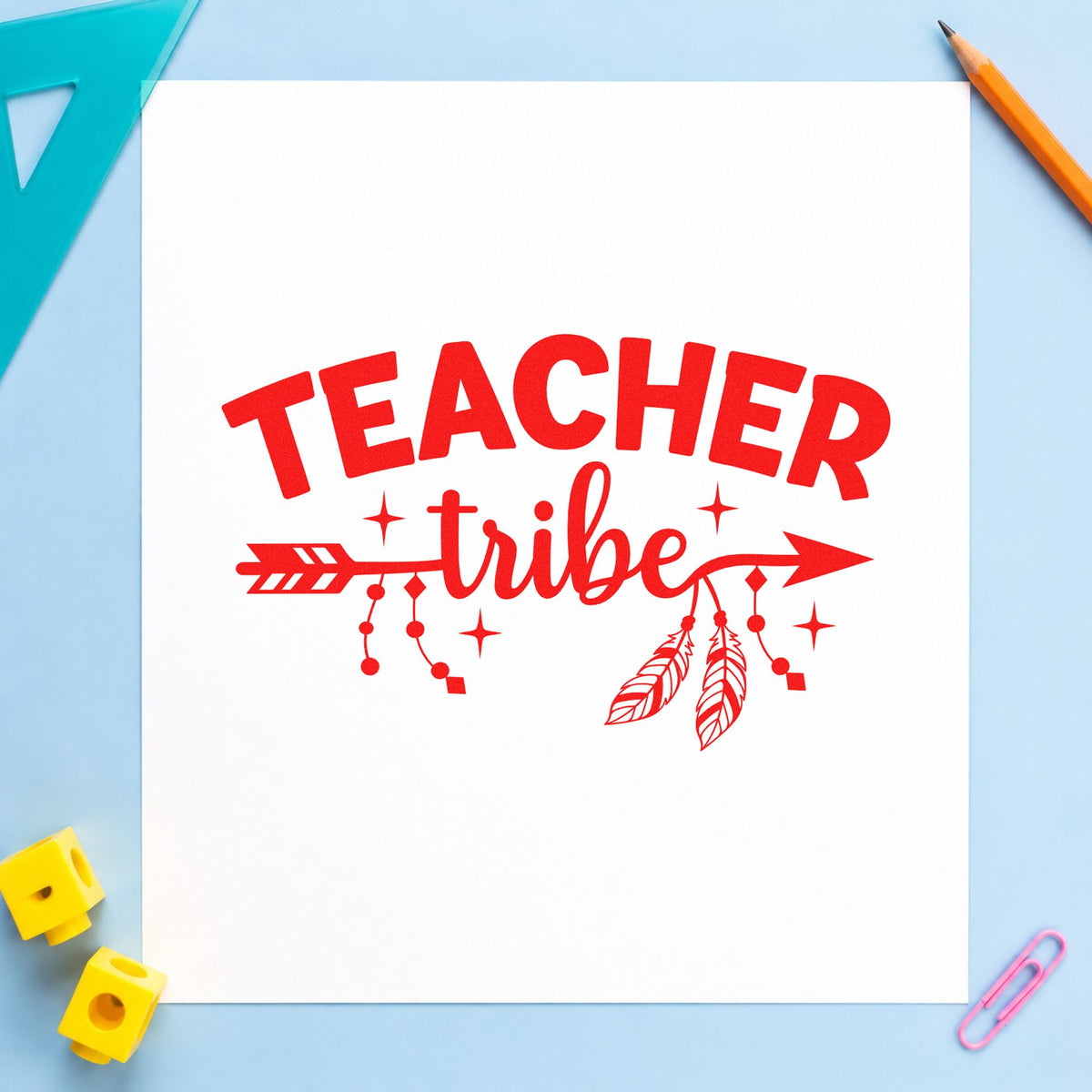 Teacher Tribe Arrow rubber stamp shown in red ink, stamped for projects such as new joiner notes.