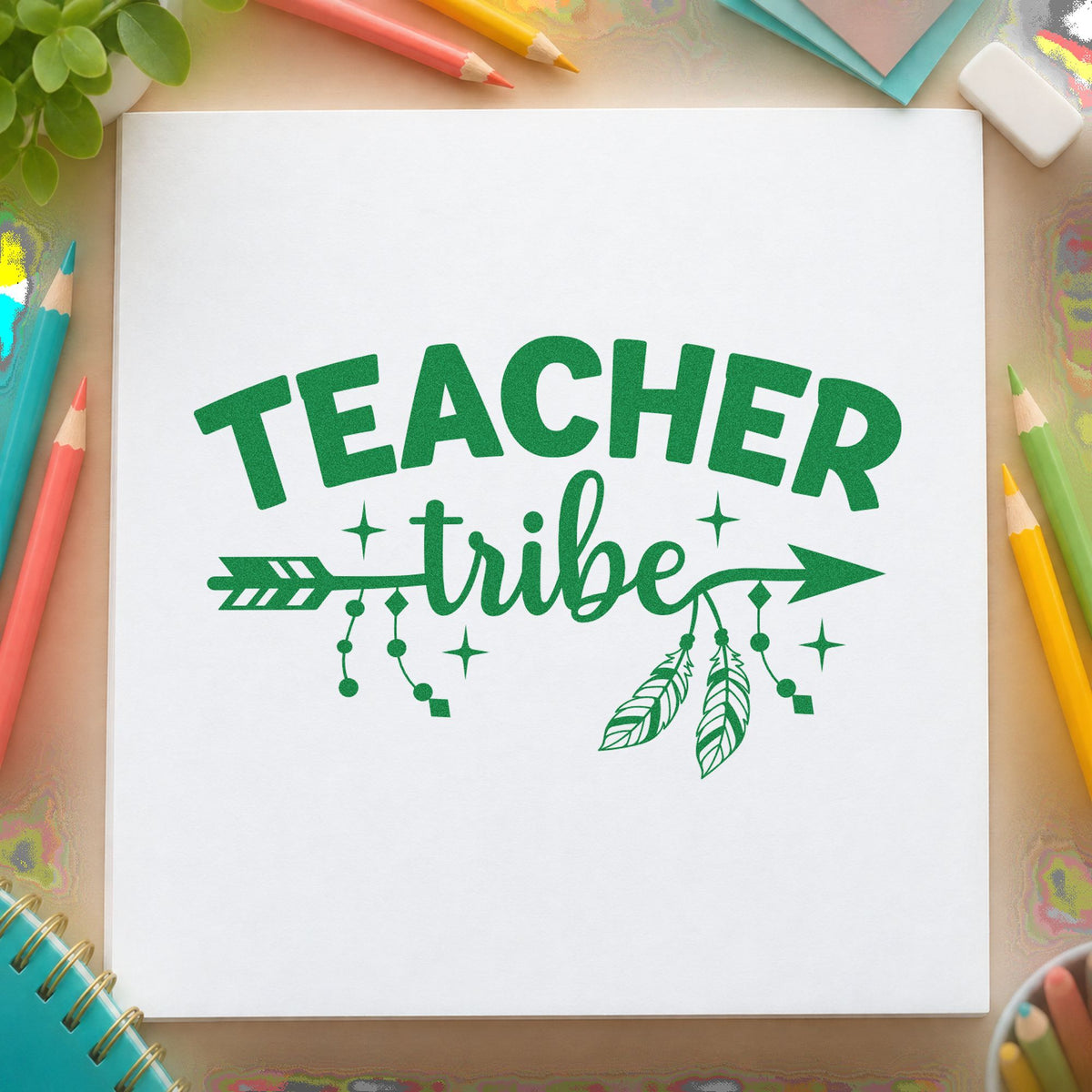 Teacher Tribe Arrow craft stamp imprint in green ink on a handmade project, one idea being framed office arrow.