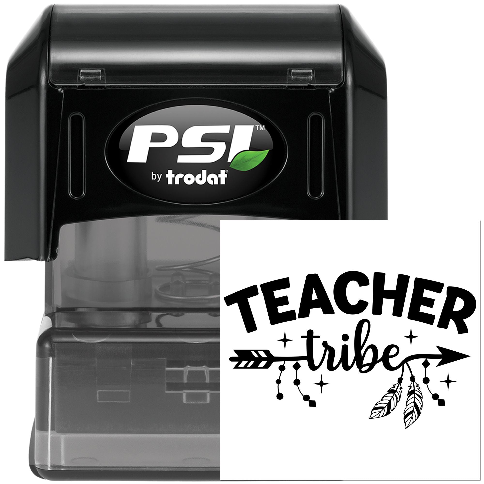 PSI by Trodat self-inking rubber stamp featuring a Teacher Tribe design with feathers for classroom branding.