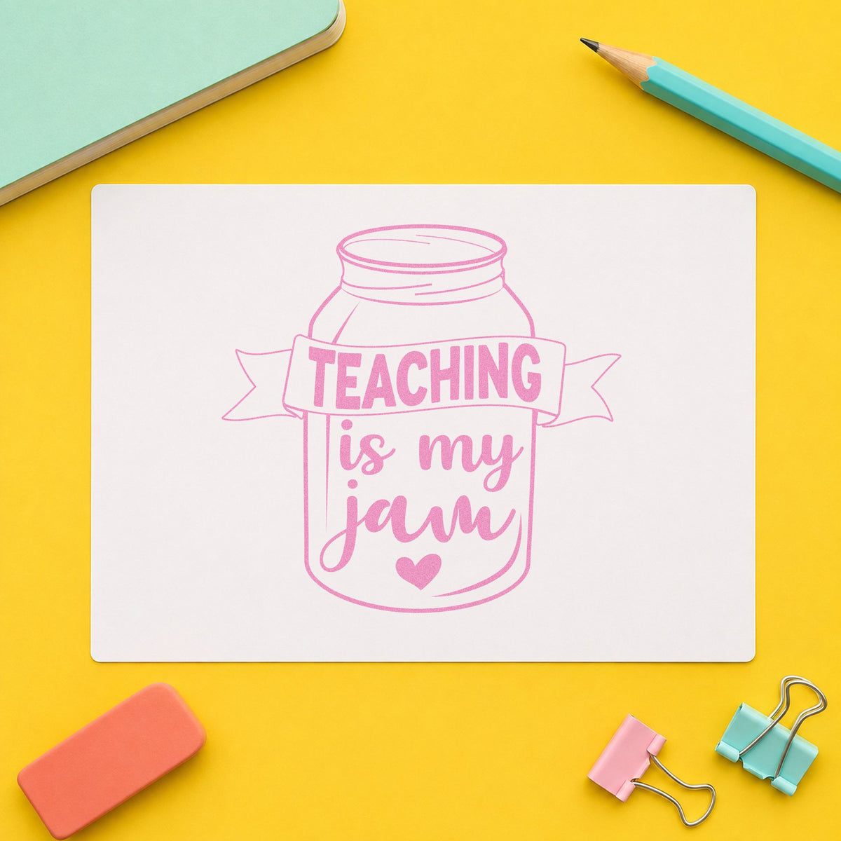 Teaching Is My Jam Jar craft stamp in purple ink on cardstock, an easy option for preserve swap tags.