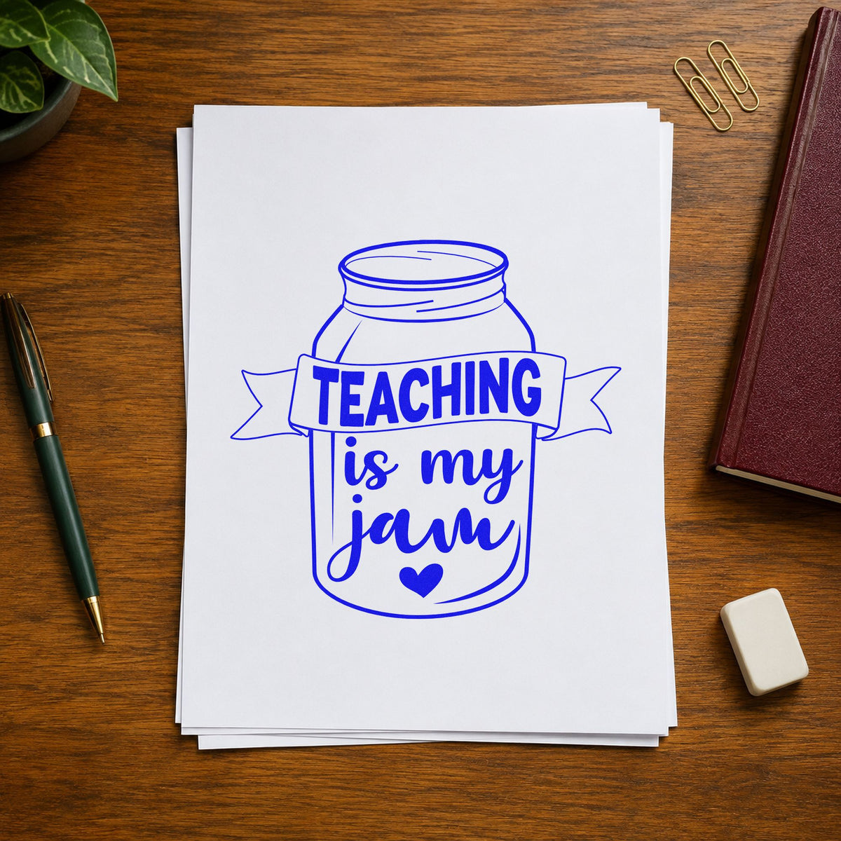 Teaching Is My Jam Jar craft stamp in blue ink on cardstock, an easy option for oven mitt panels.