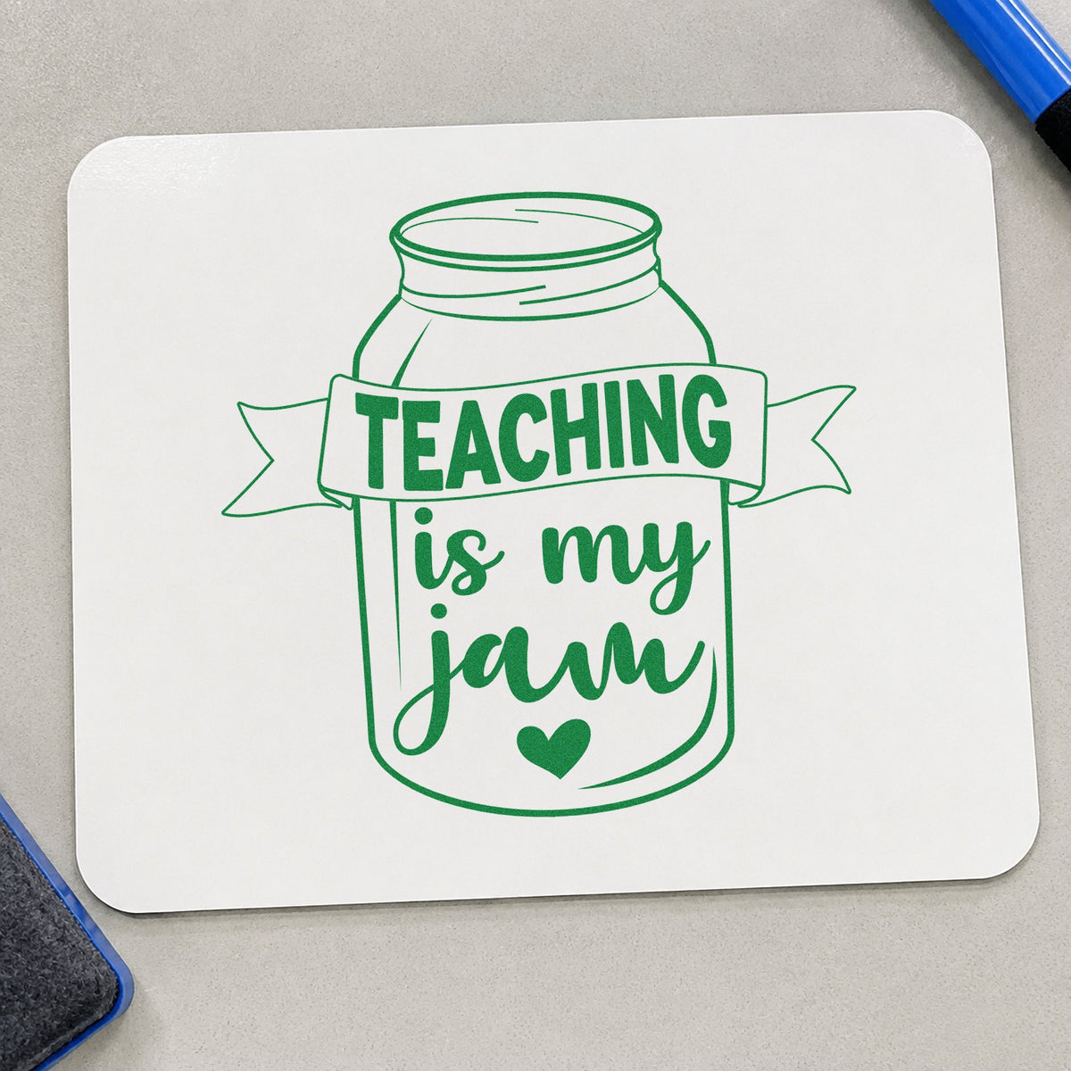 Teaching Is My Jam Jar craft stamp imprint in green ink on a handmade project, one idea being framed larder shelf.
