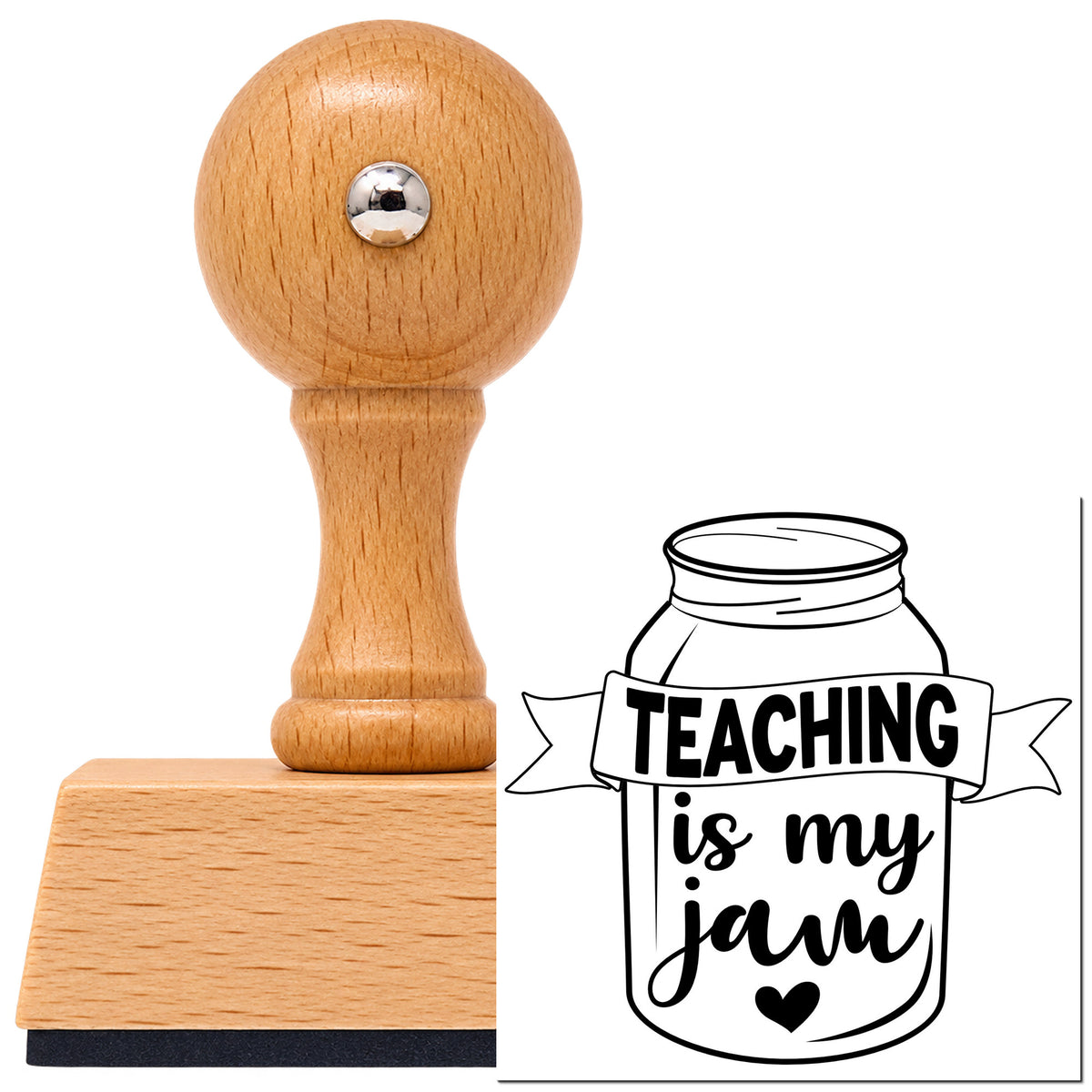 Teaching Is My Jam Jar Vintage Pro rubber stamp in European beech wood with a round knob handle, shown beside its black imprint.