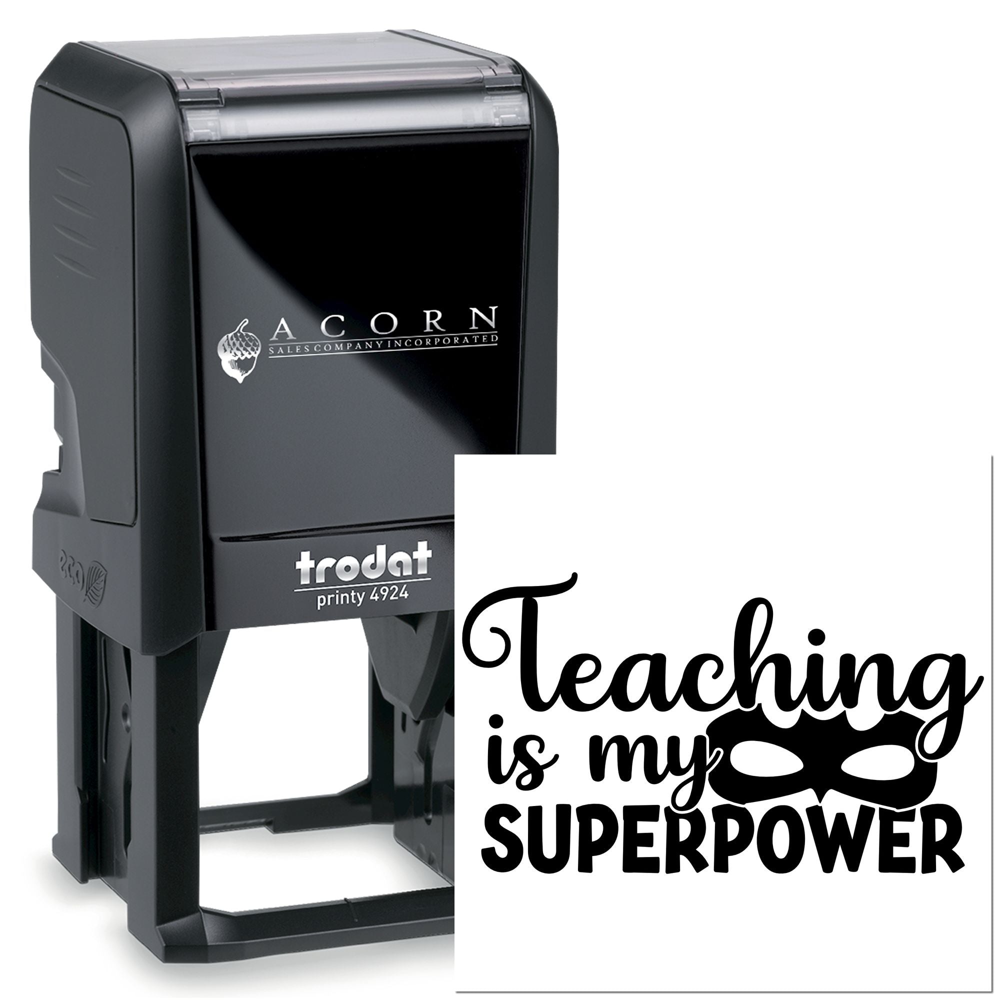Custom self-inking rubber stamp with Teaching is my superpower design for teachers and classroom use.