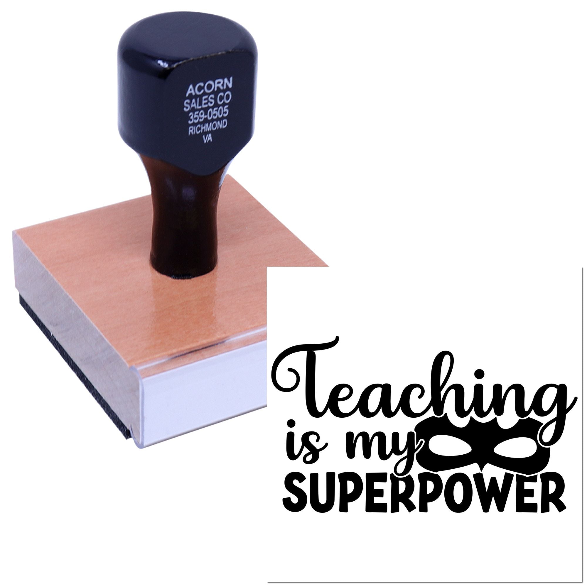 Custom teacher rubber stamp with Teaching is my Superpower design and superhero mask for classroom crafts.