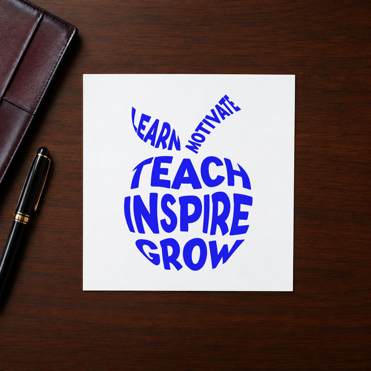Teach Inspire Grow Apple craft stamp imprinted in blue ink on paper, a design suited to poster corner seals.