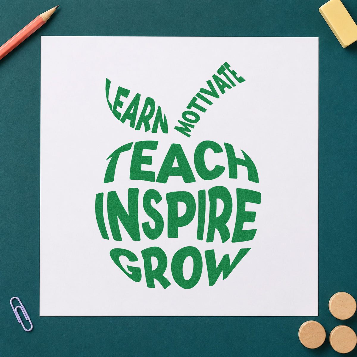 Teach Inspire Grow Apple craft stamp imprint in green ink on a handmade project, one idea being framed word cloud.