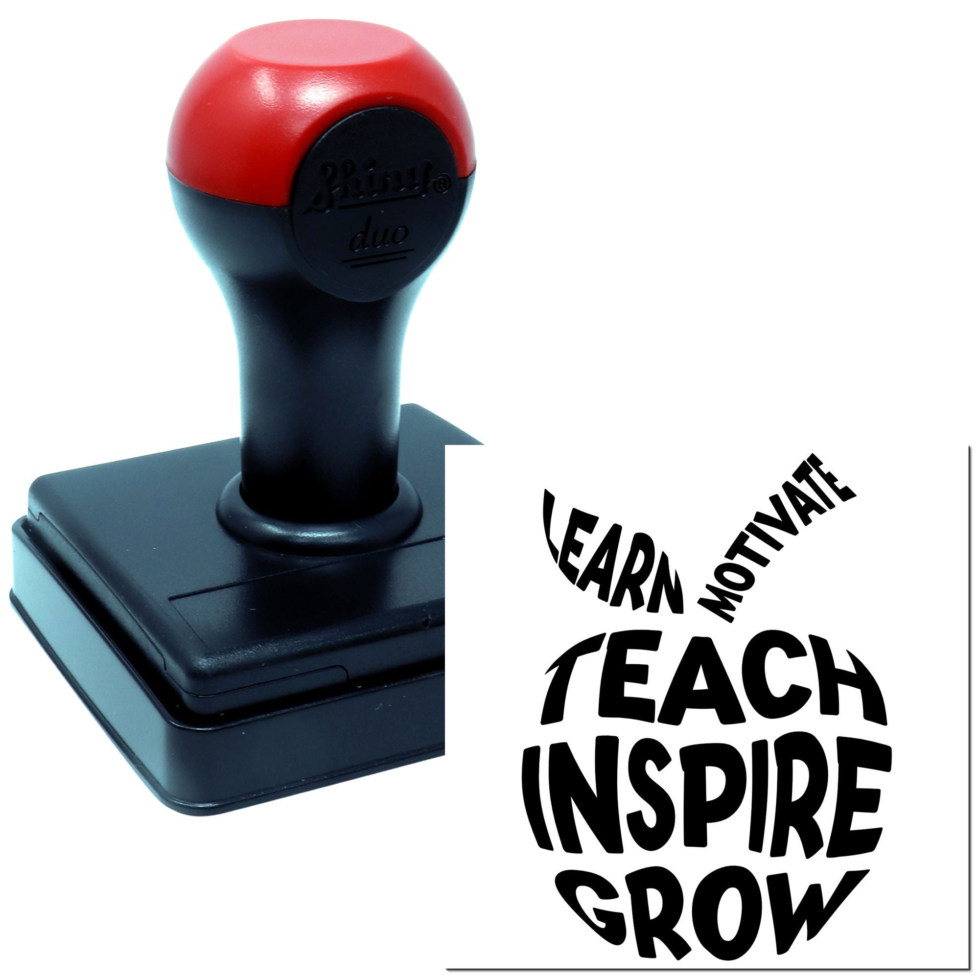 Custom self-inking rubber stamp with motivational teacher message: Learn, Motivate, Teach, Inspire, Grow.