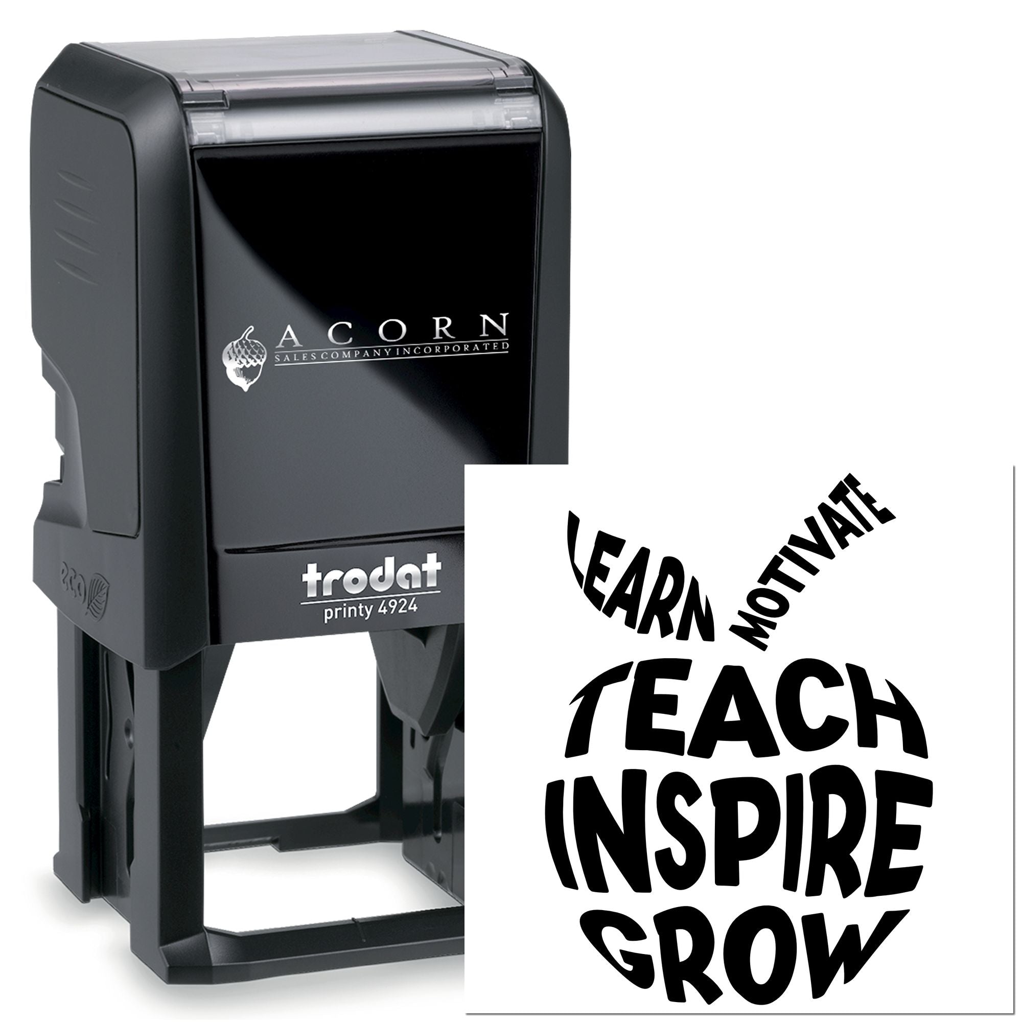 Trodat Printy 4924 self-inking rubber stamp with Learn Motivate Teach Inspire Grow teacher message