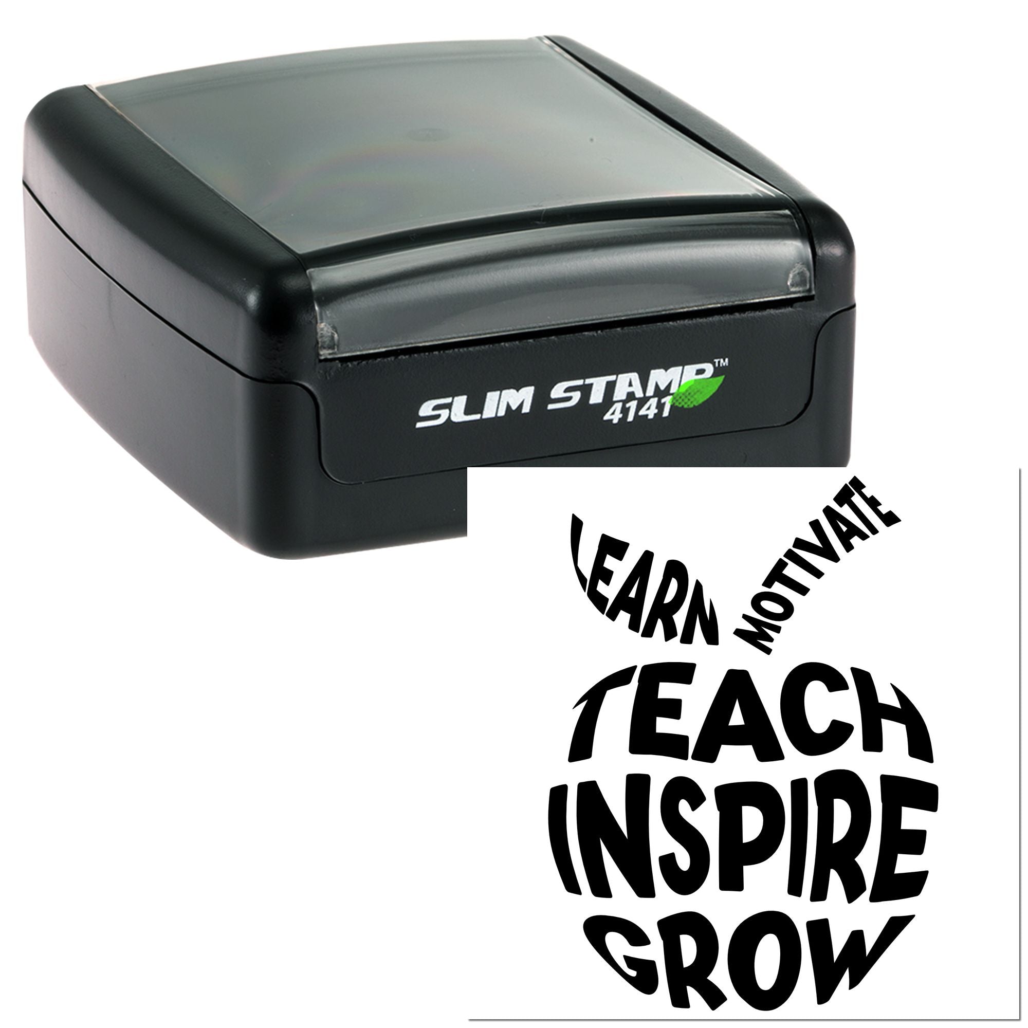 Self-inking Slim Stamp 4141 rubber stamp with Learn, Motivate, Teach, Inspire, Grow teacher quote for classroom use.