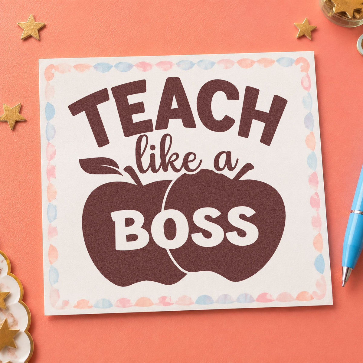 Teach Like a Boss Apples rubber stamp printed in brown ink, ready for desk tray labels and similar paper crafts.