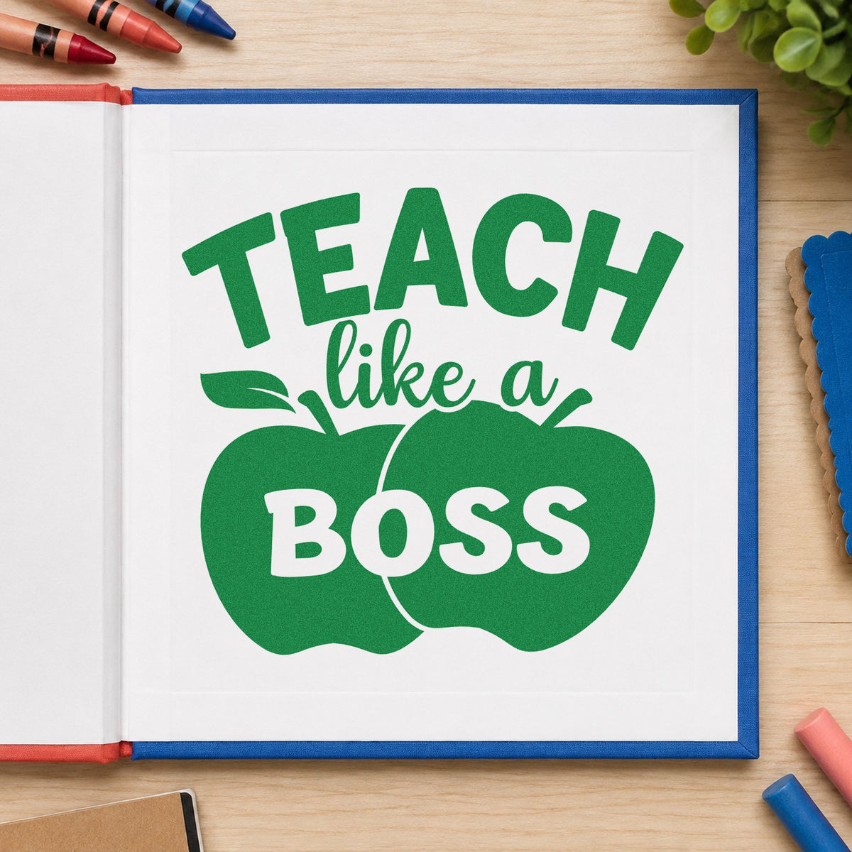 Teach Like a Boss Apples craft stamp imprint in green ink on a handmade project, one idea being framed head office.