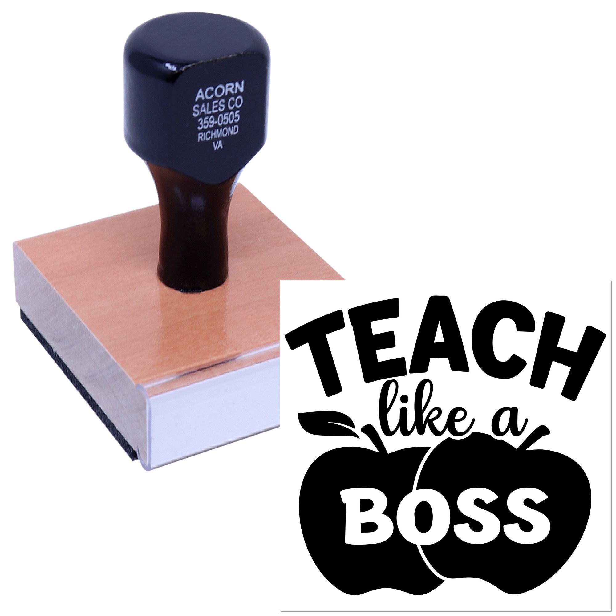 Teacher rubber stamp with Teach like a Boss apple design for classroom grading, rewards, and motivational school use.