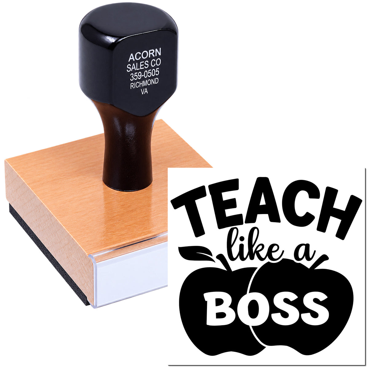 Teacher rubber stamp with Teach like a Boss apple design for classroom grading, rewards, and motivational school use.