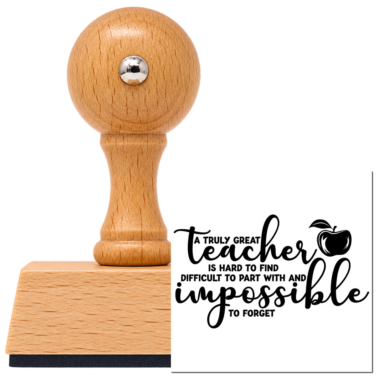 Truly Great Teacher Apple Tribute Vintage Pro rubber stamp in European beech wood with a round knob handle, shown beside its black imprint.