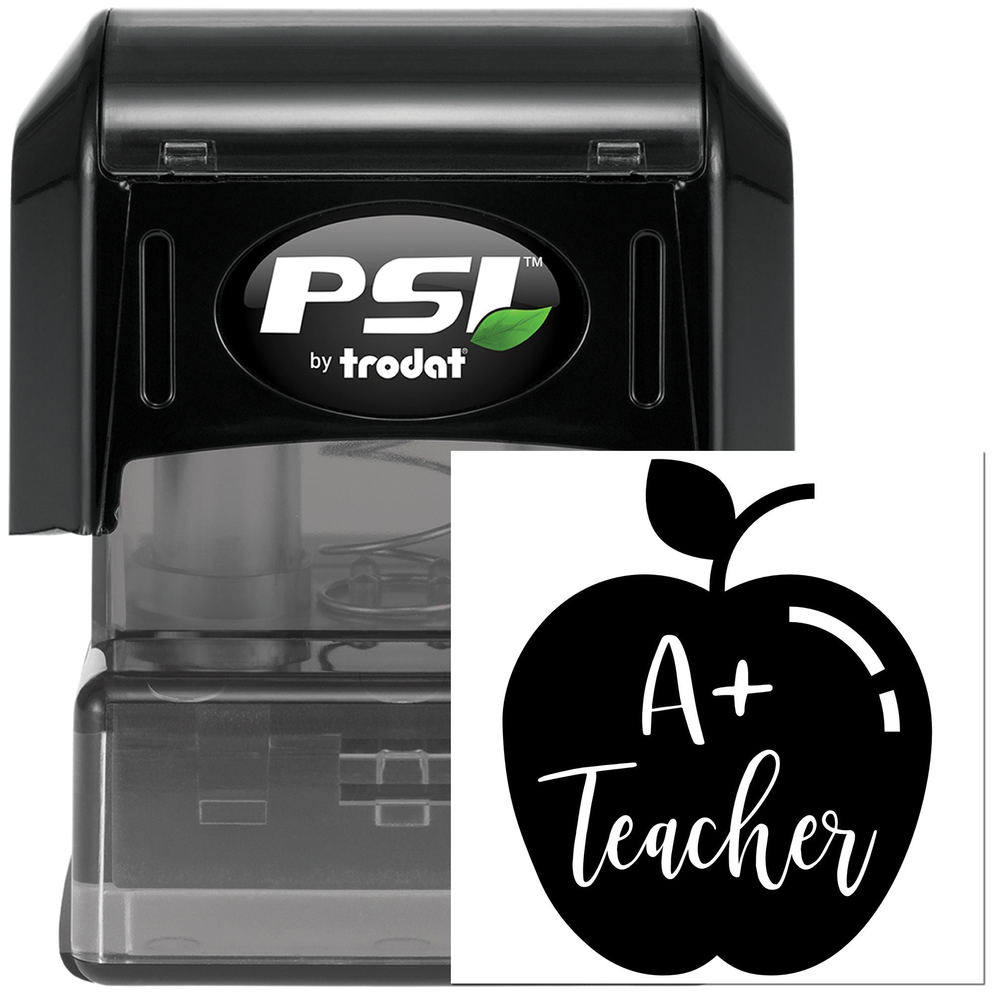 Custom self-inking rubber stamp with A+ Teacher apple design, PSI by Trodat, ideal for classroom grading.