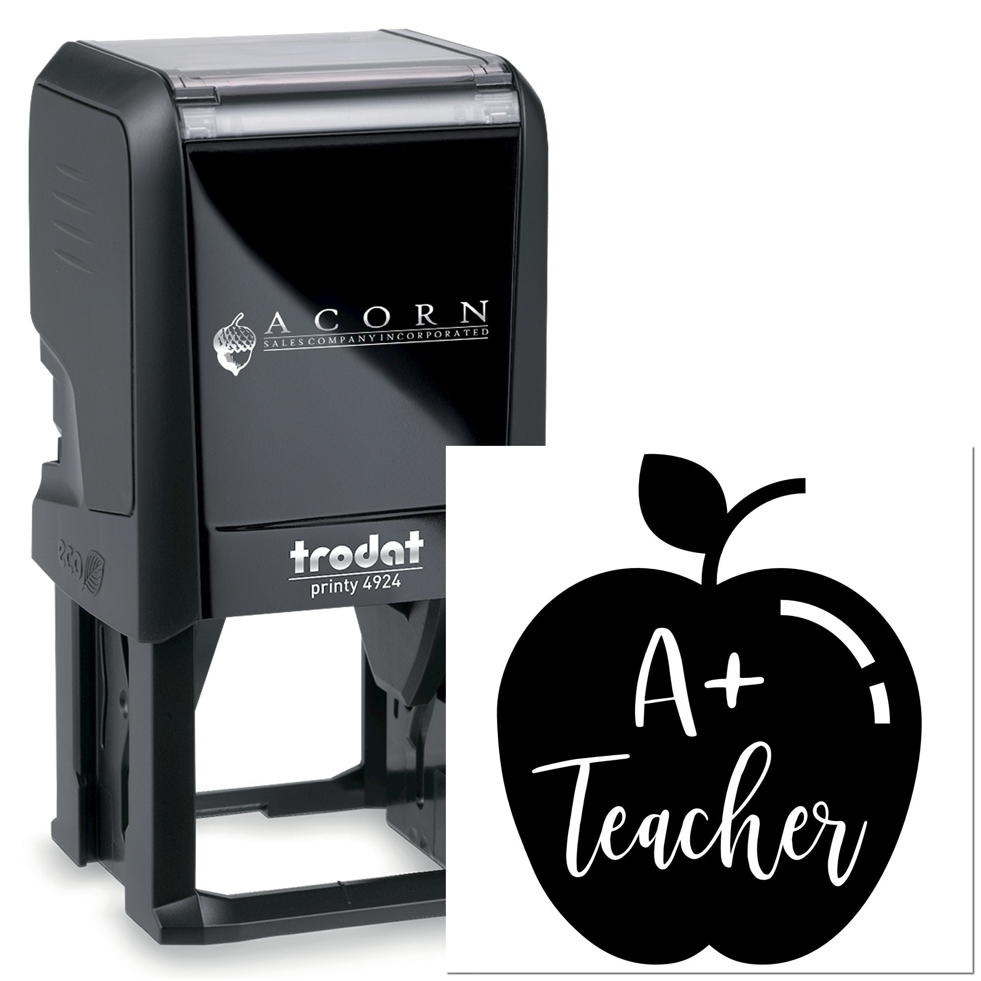 Trodat Printy 4924 self-inking rubber stamp with custom A+ Teacher apple design for classroom grading.