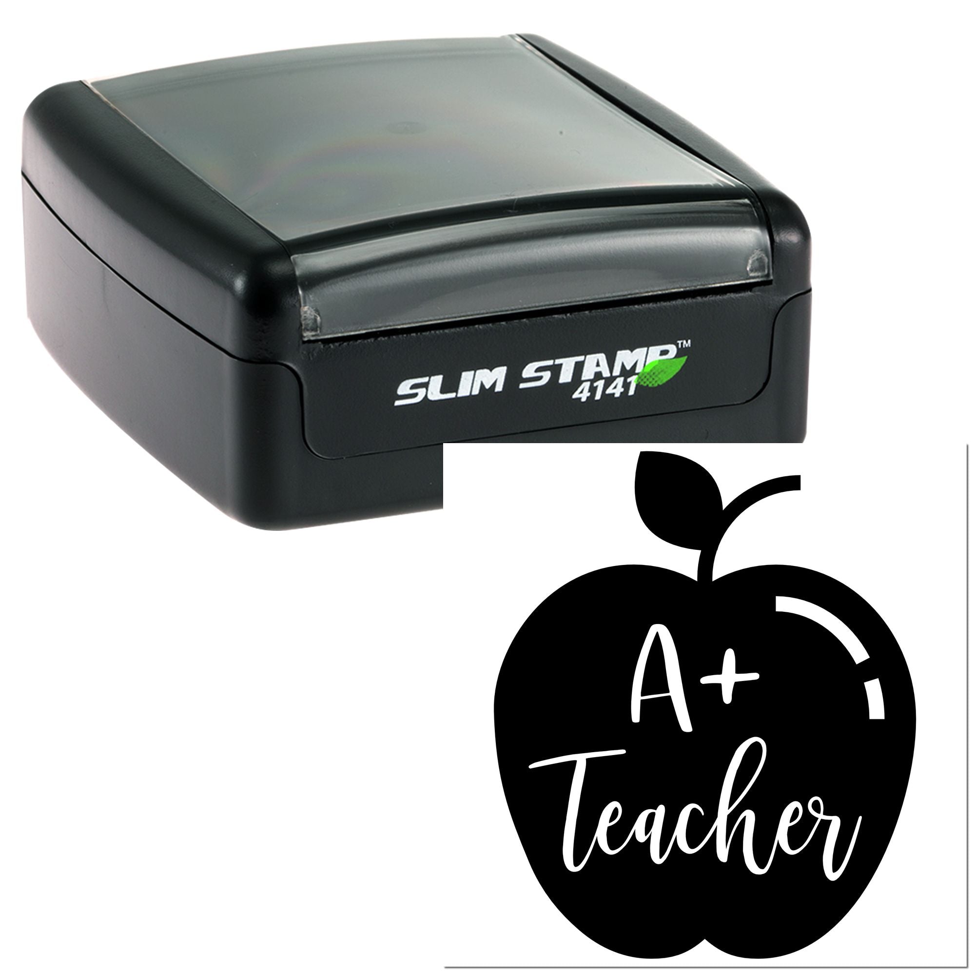 Slim Stamp 4141 self-inking rubber stamp with A+ Teacher apple design, ideal for classroom grading and teacher stationery.