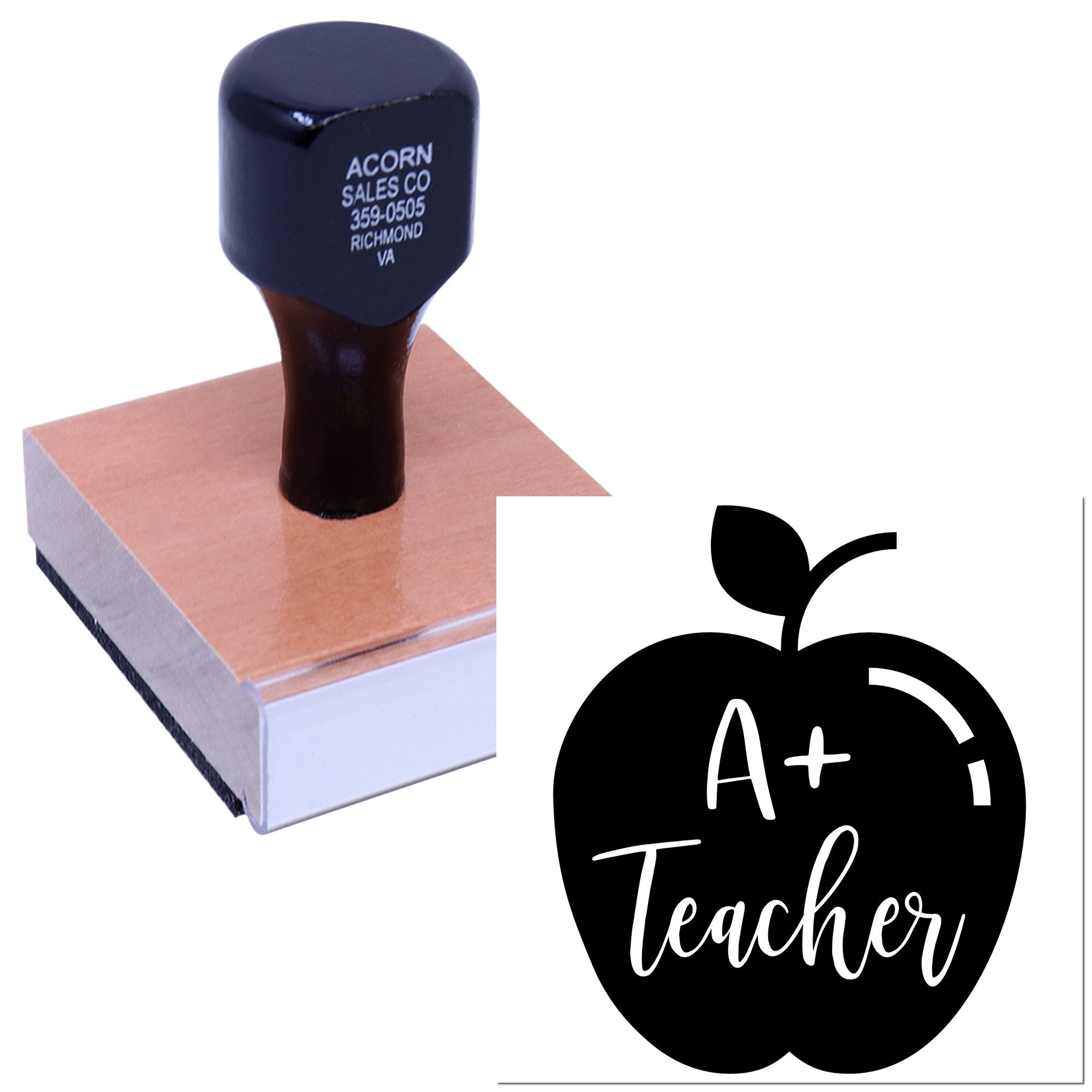 Custom teacher rubber stamp with A+ apple design for grading papers and classroom use