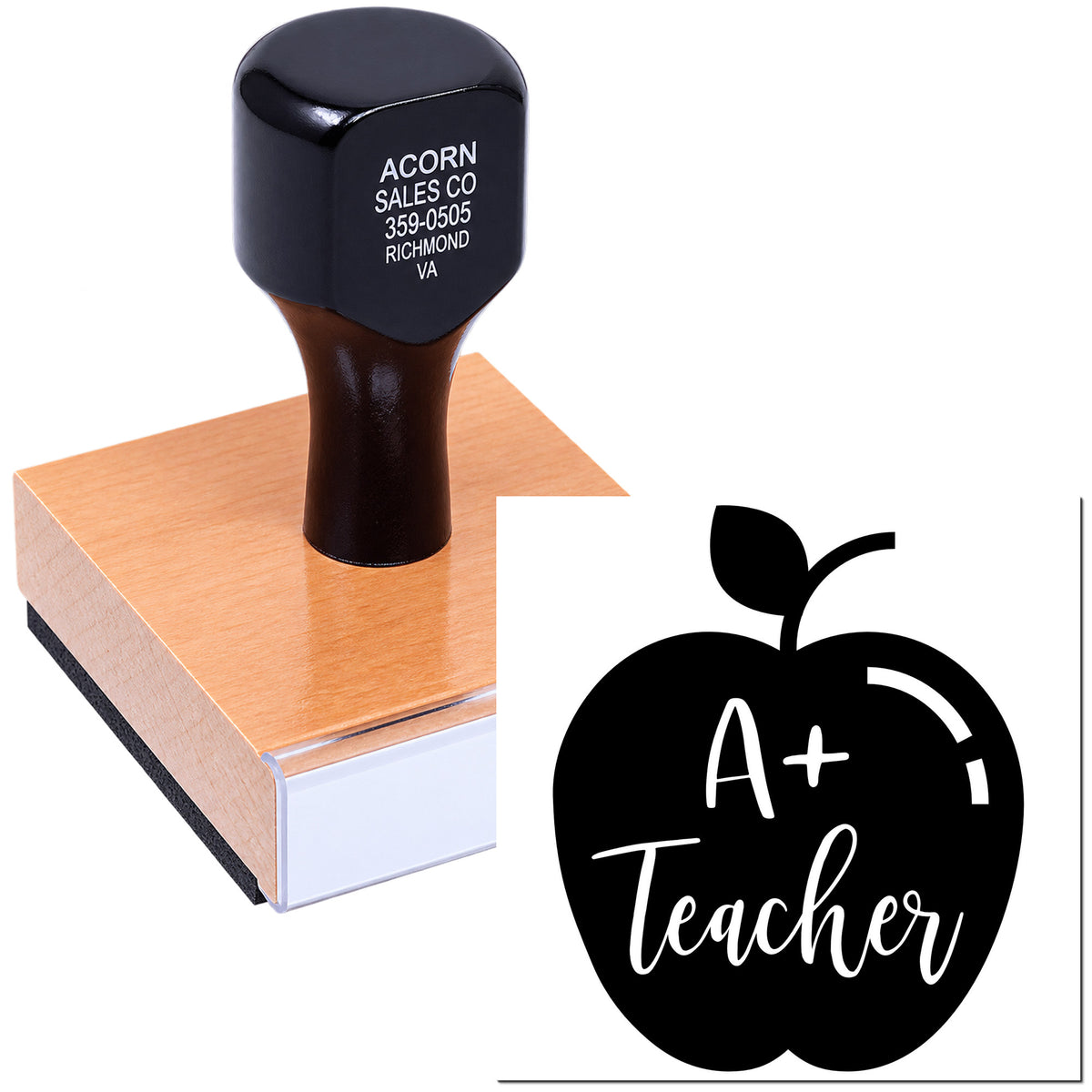 Custom teacher rubber stamp with A+ apple design for grading papers and classroom use