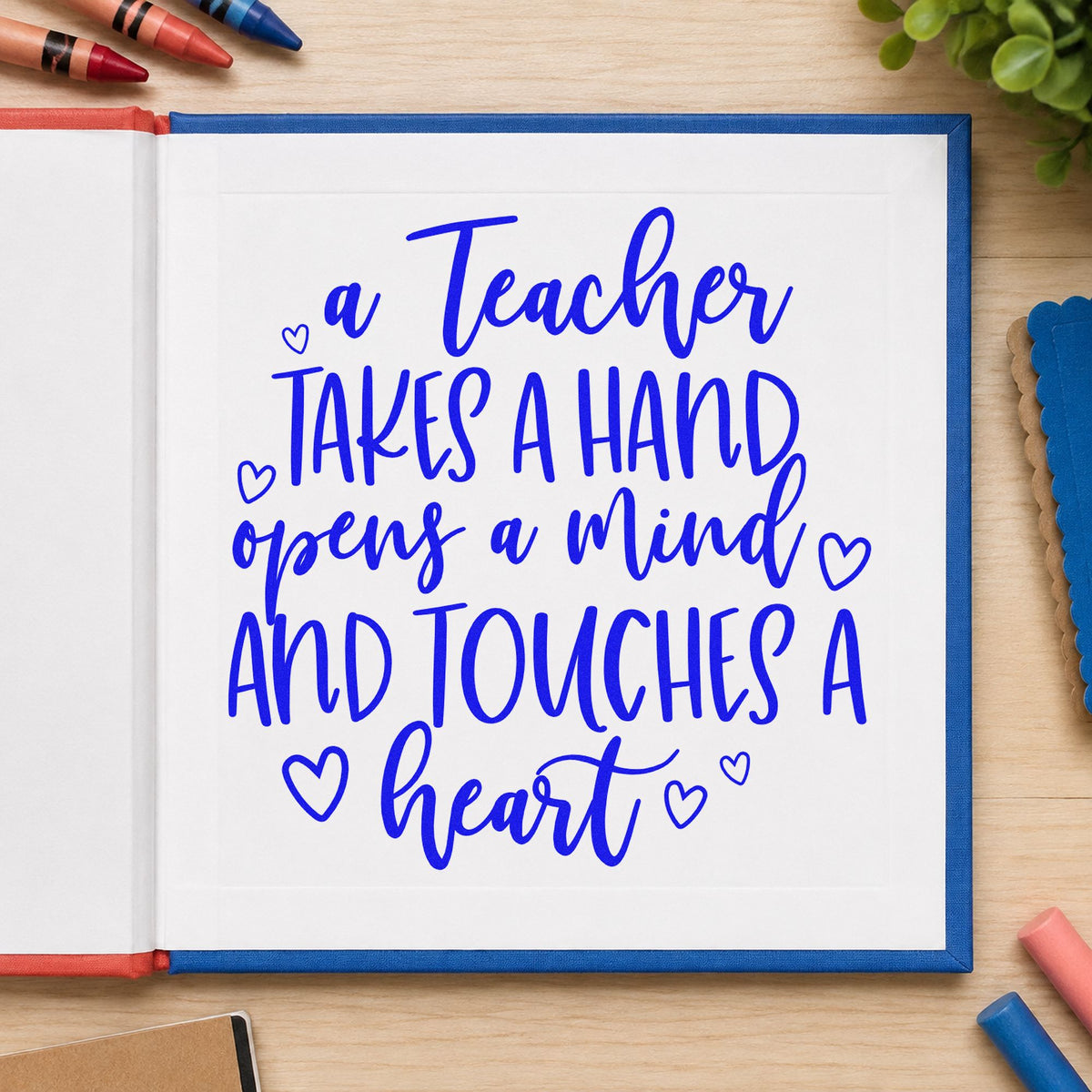 Teacher Takes a Hand craft stamp in blue ink on cardstock, an easy option for tabard front panels.