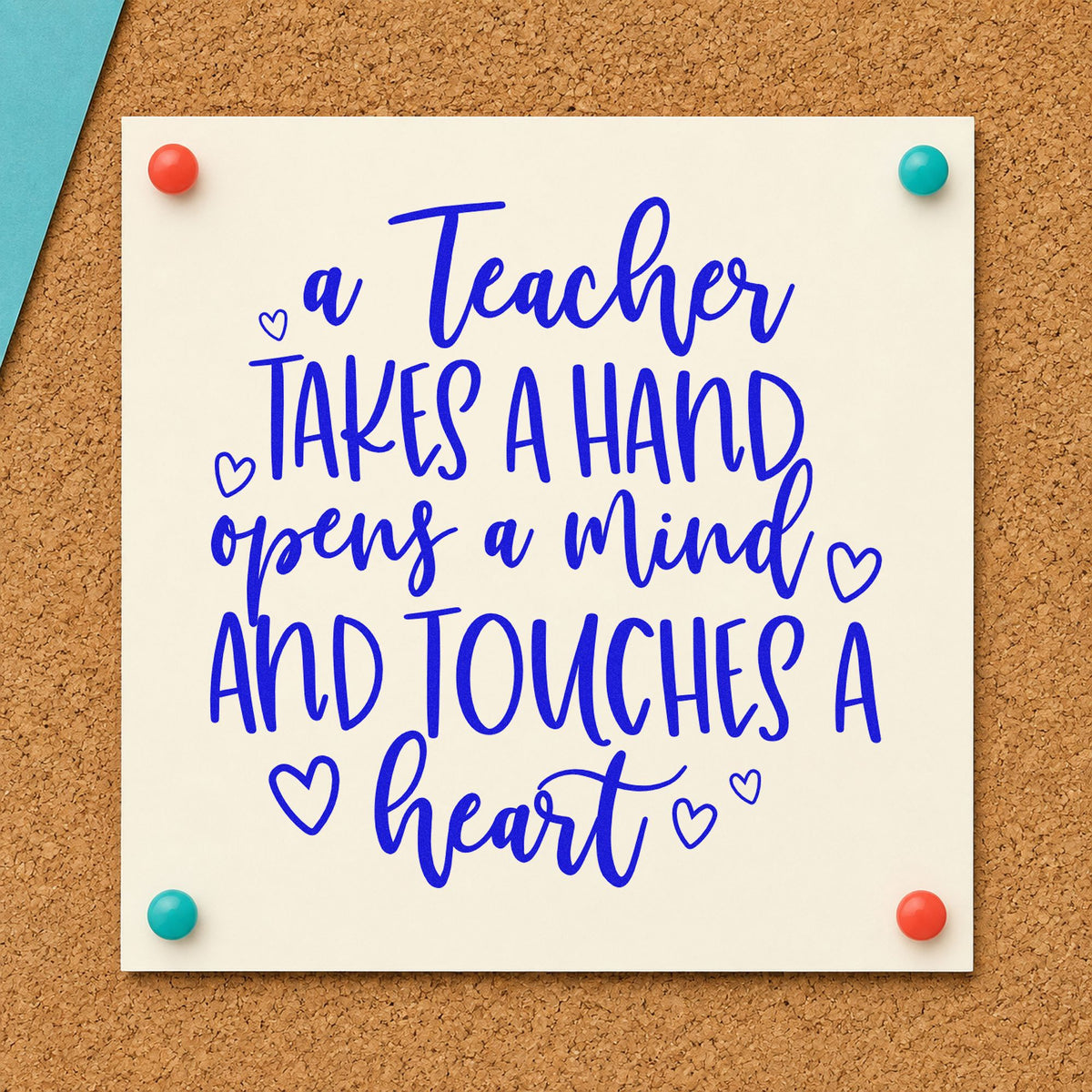 Teacher Takes a Hand craft stamp imprinted in blue ink on paper, a design suited to report folder seals.