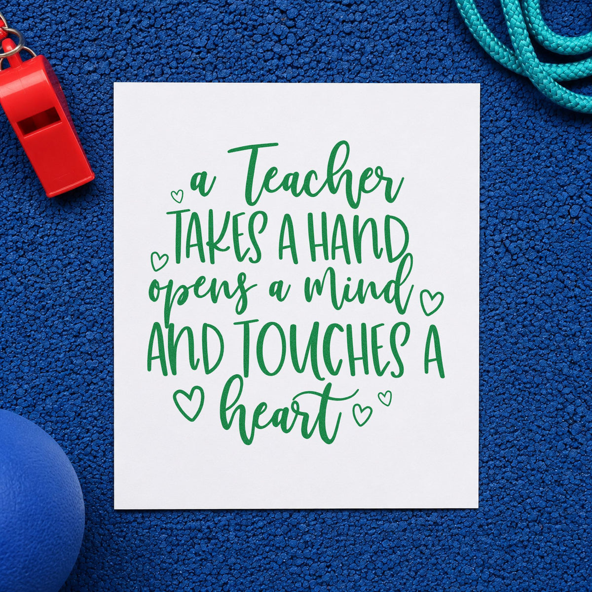 Teacher Takes a Hand craft stamp imprint in green ink on a handmade project, one idea being framed quiet corner.