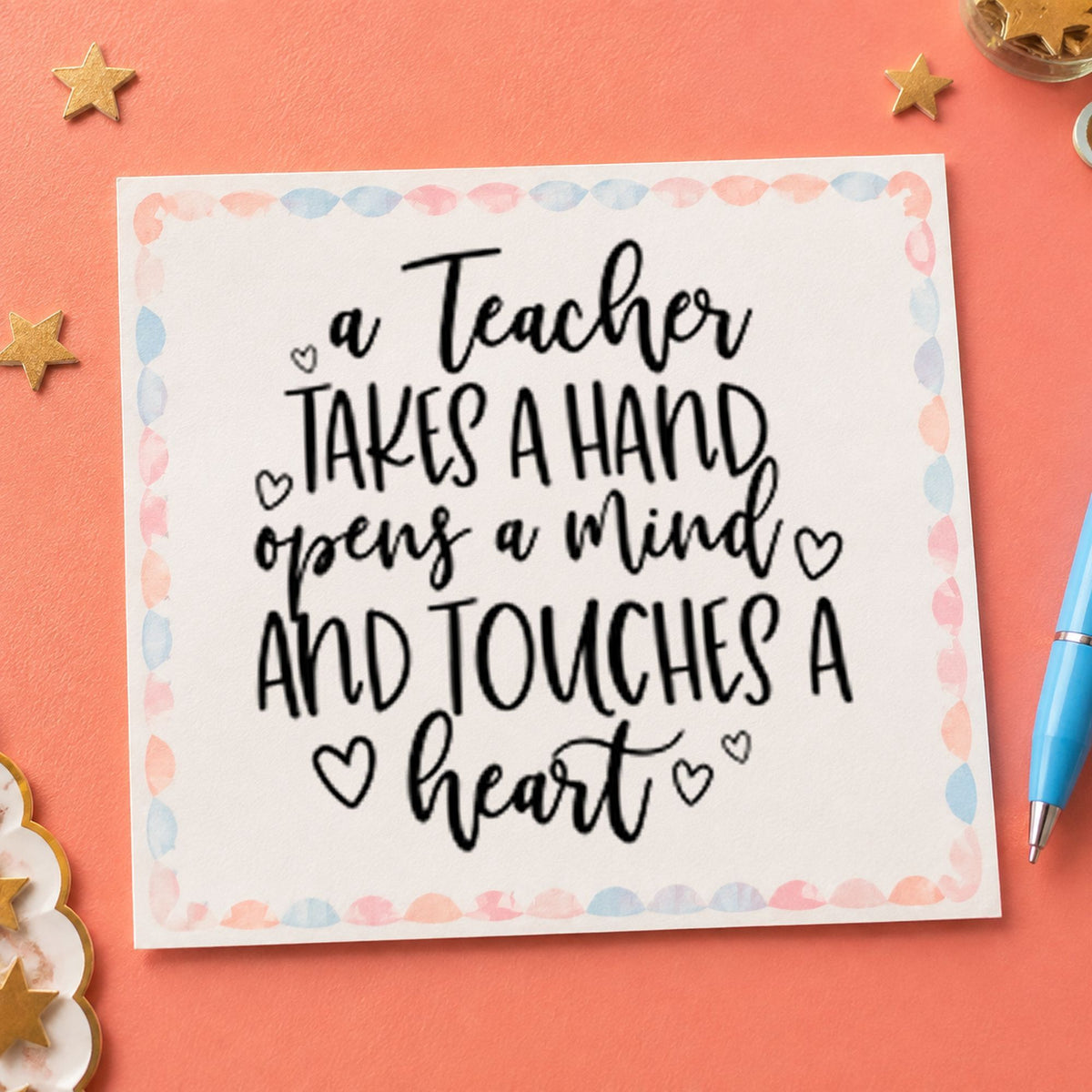 Teacher Takes a Hand rubber stamp printed in black ink, ready for outlined heart cards and similar paper crafts.