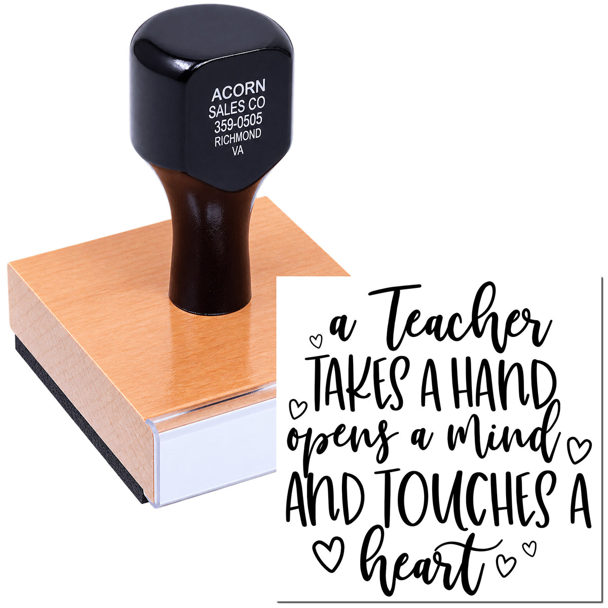 Custom teacher rubber stamp with inspirational quote, A teacher takes a hand, opens a mind and touches a heart.