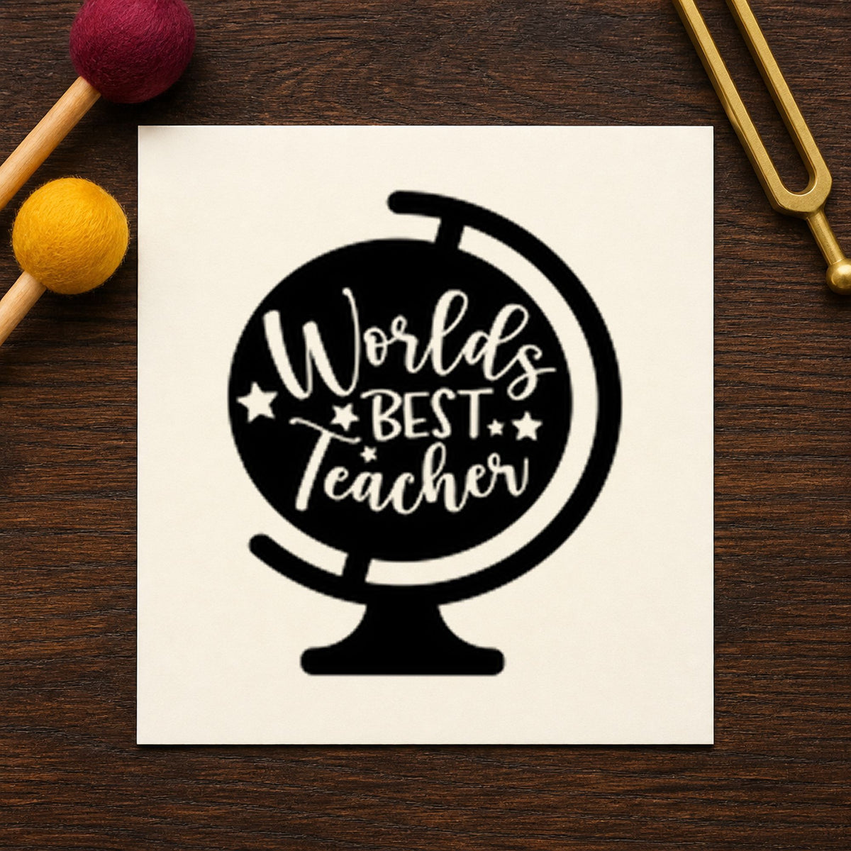 World's Best Teacher Tilted Globe rubber stamp printed in black ink, ready for tilted globe cards and similar paper crafts.