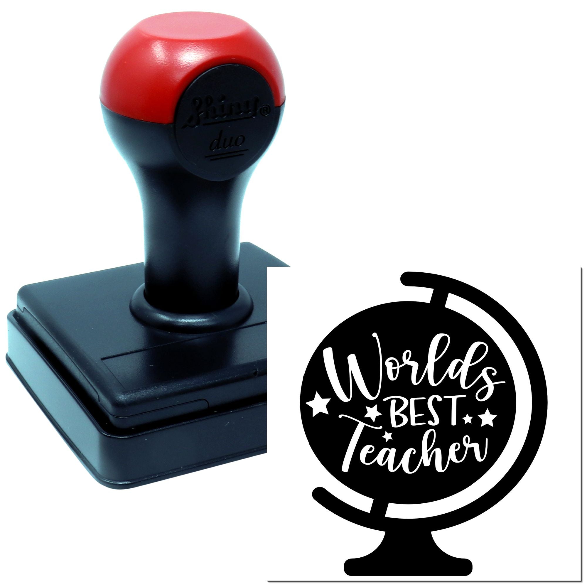 Custom rubber stamp with World's Best Teacher globe design for teacher appreciation gifts, classroom use, and school projects.