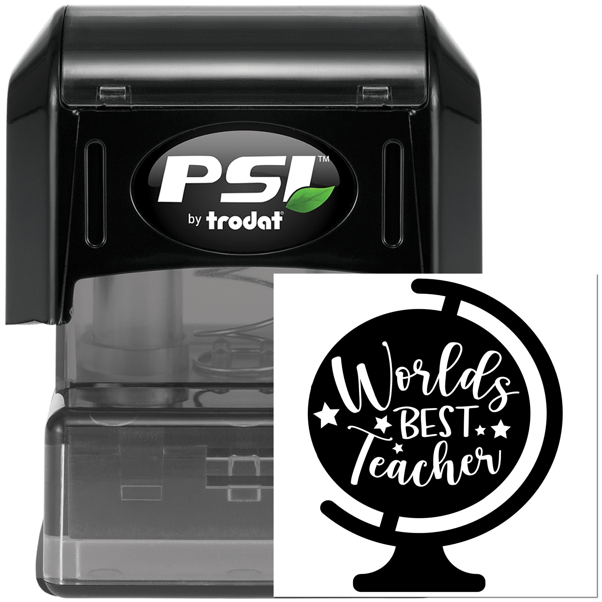PSI by Trodat self-inking rubber stamp with World's Best Teacher globe design for classroom gifts and teacher appreciation
