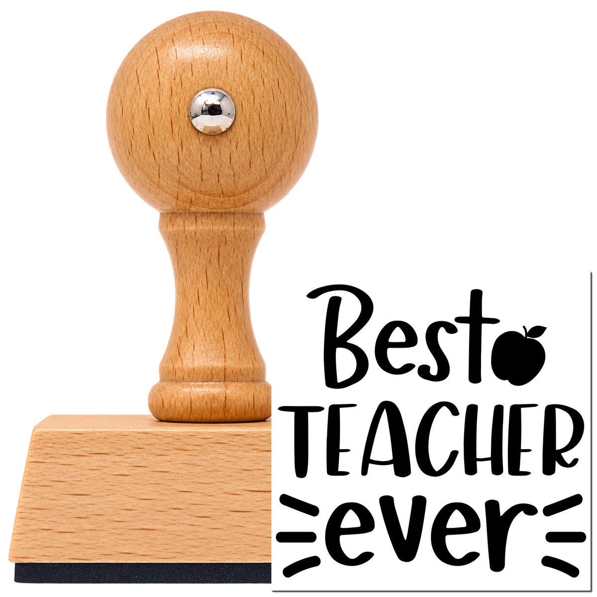 Best Teacher Ever Vintage Pro rubber stamp in European beech wood with a round knob handle, shown beside its black imprint.