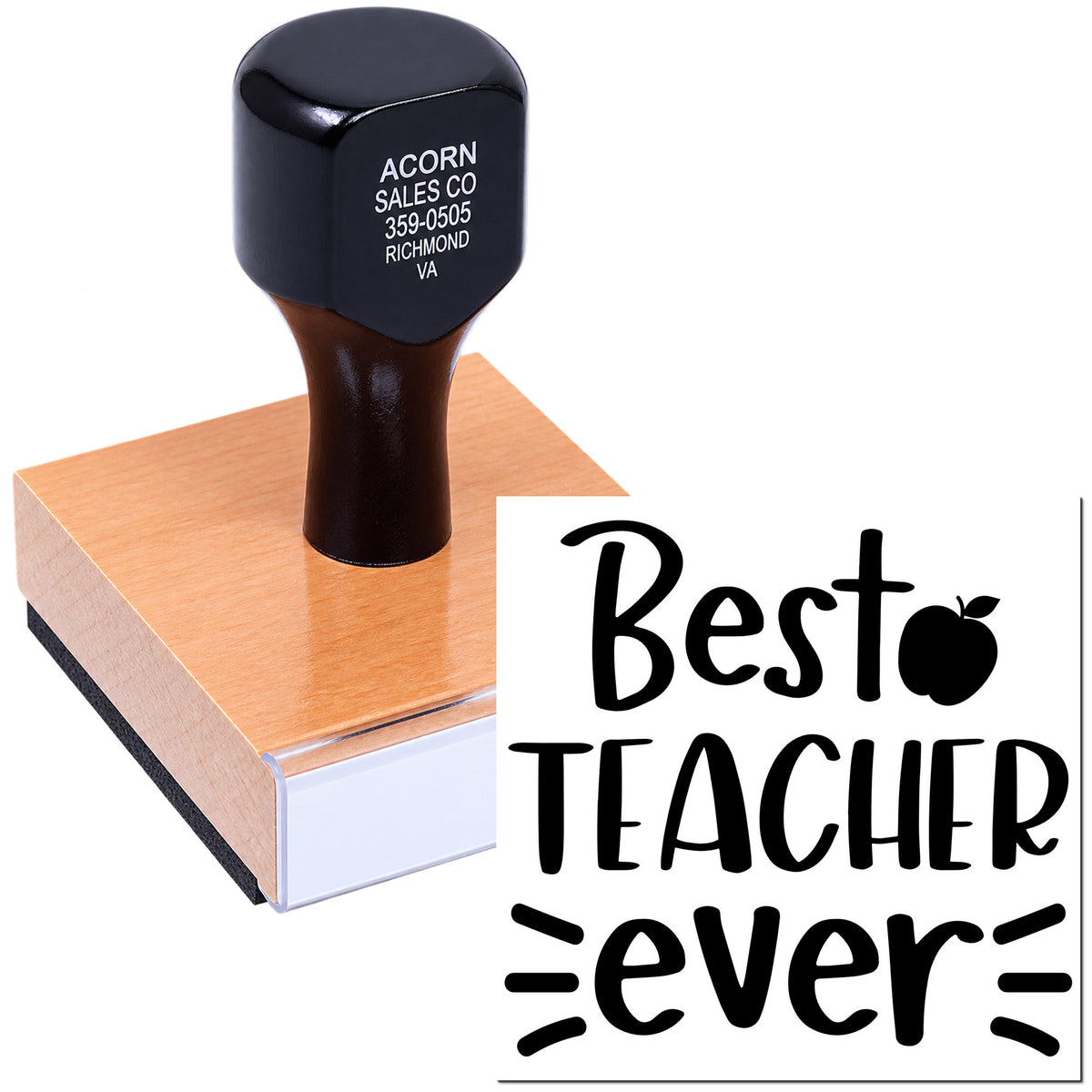 Custom rubber stamp with wood block, featuring a Best Teacher Ever design for teacher appreciation gifts and classroom use.