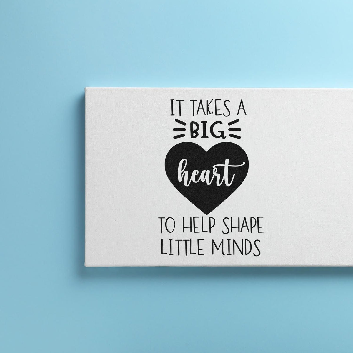 Big Heart Helps Little Minds Script Lettering Stamp - Premium Vintage Pro Wooden imprint stamped in black ink. A solid heart holds "Heart" script within "It takes a big heart to help shape little minds."