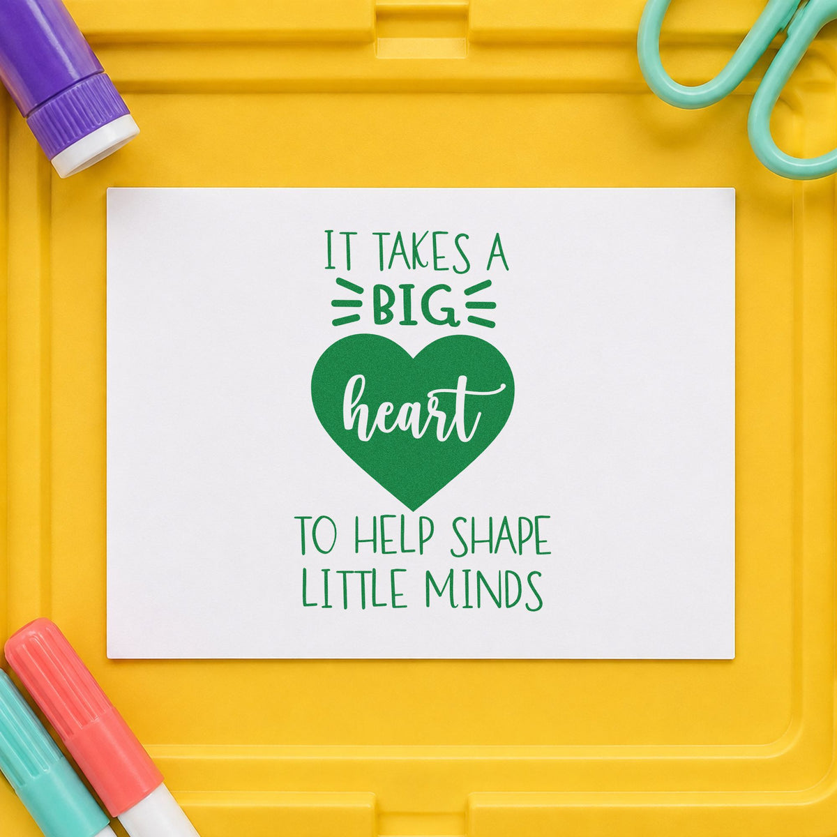 Big Heart Helps Little Minds craft stamp imprint in green ink on a handmade project, one idea being framed soft corner.