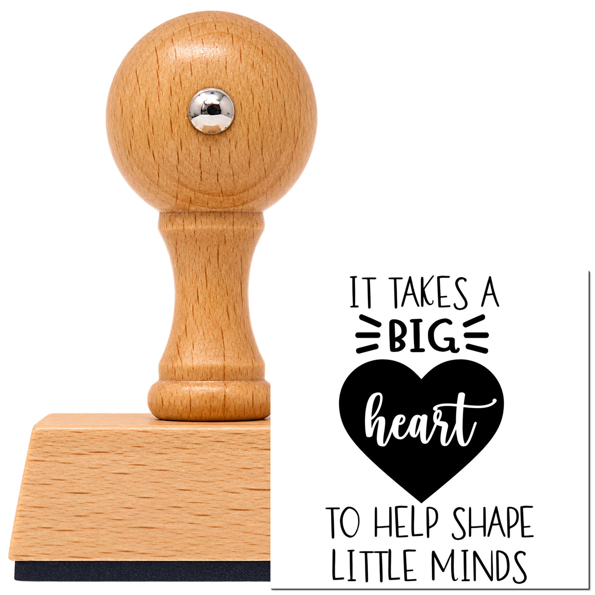 Big Heart Helps Little Minds Script Lettering Vintage Pro rubber stamp in European beech wood with a round knob handle, shown beside its black imprint.