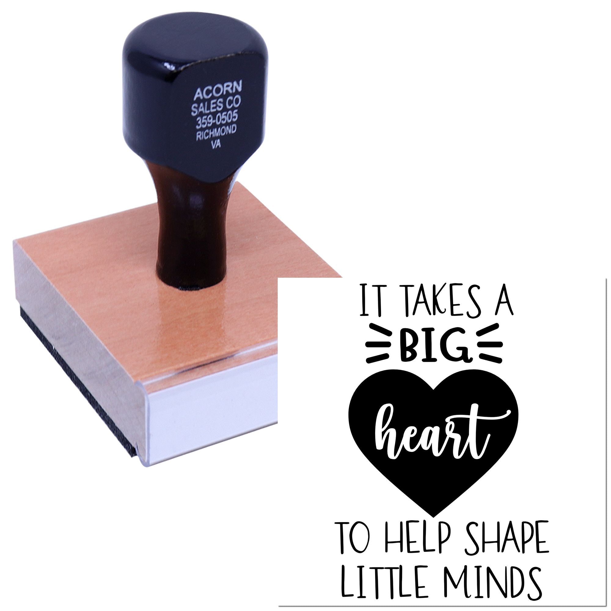 Custom teacher rubber stamp with It takes a big heart to help shape little minds message for classroom appreciation.