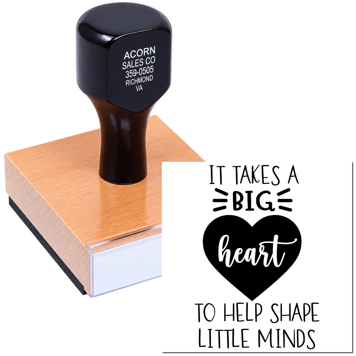 Custom teacher rubber stamp with It takes a big heart to help shape little minds message for classroom appreciation.