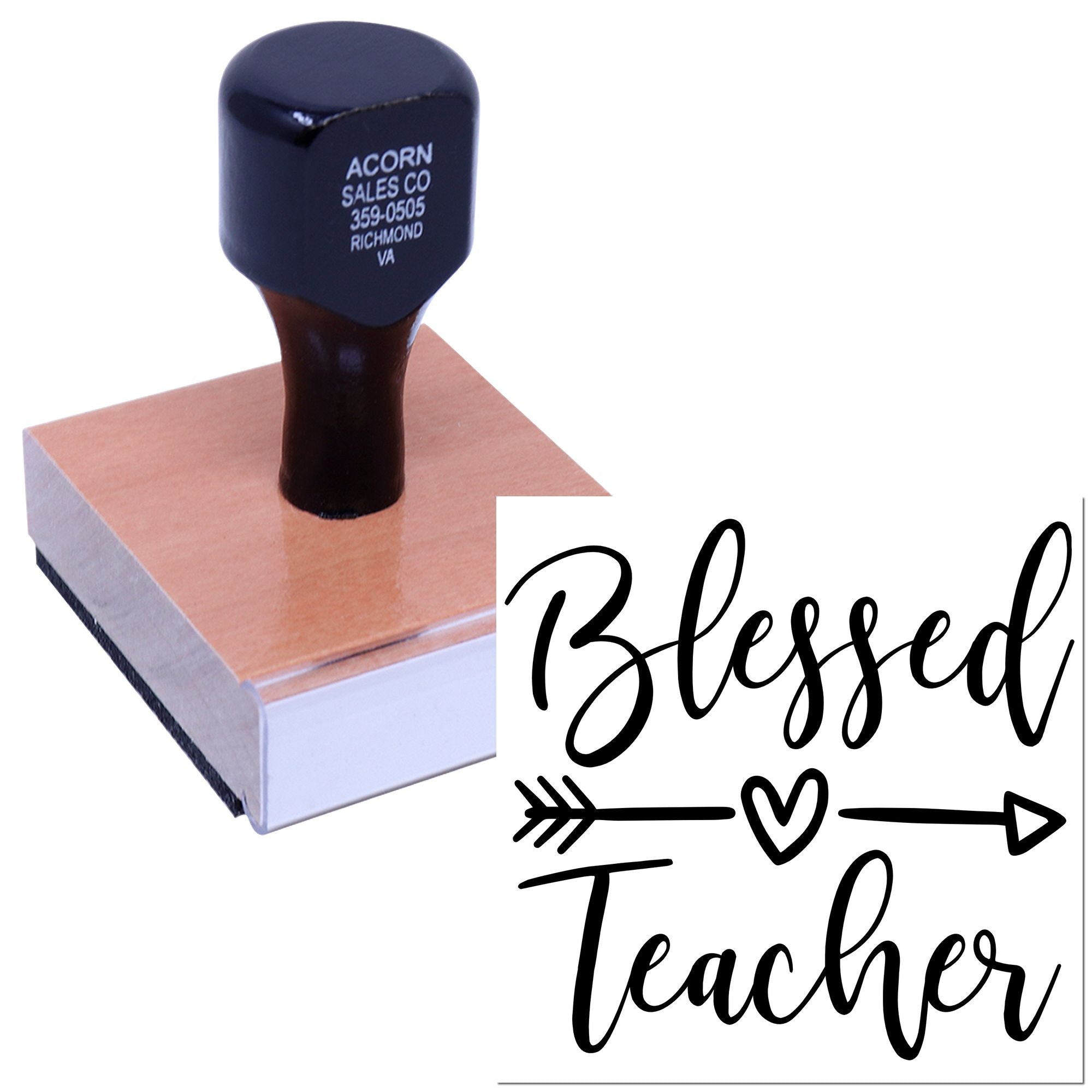 Custom rubber stamp with "Blessed Teacher" design, ideal for teacher appreciation cards, gifts, and classroom crafting.