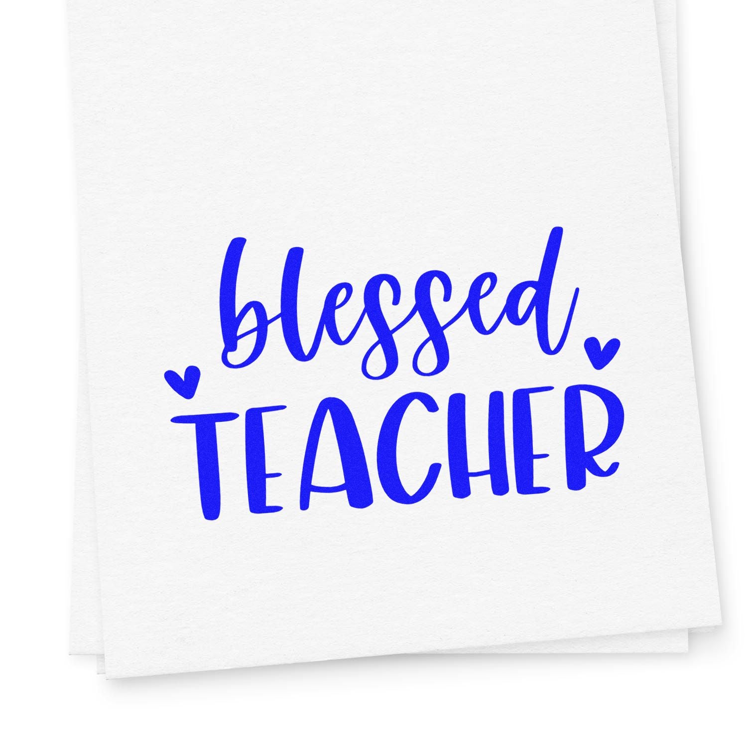 Blessed Teacher rubber stamp design with blue script lettering and heart accents on white paper.