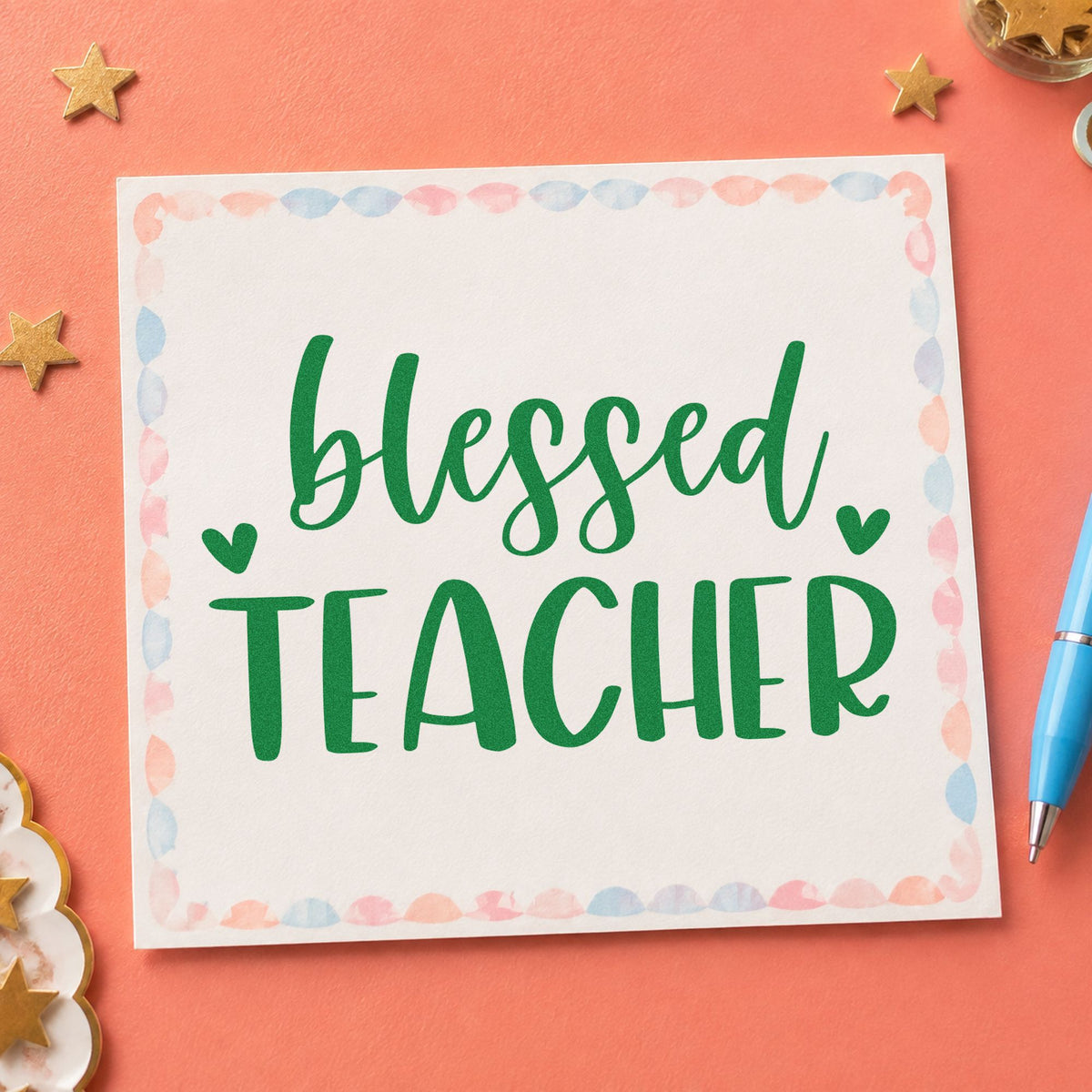 Blessed Teacher Hearts Script Lettering Rubber Stamp – Duo Hand in use 3
