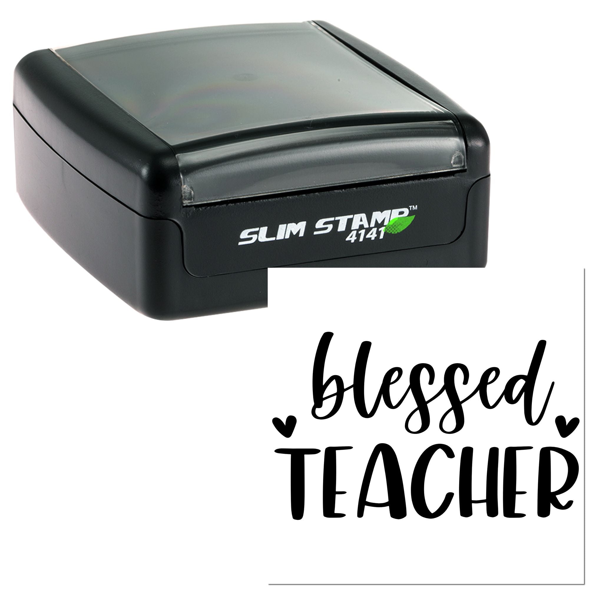 Blessed Teacher self-inking rubber stamp for classroom use, with inspirational teacher design and hearts.
