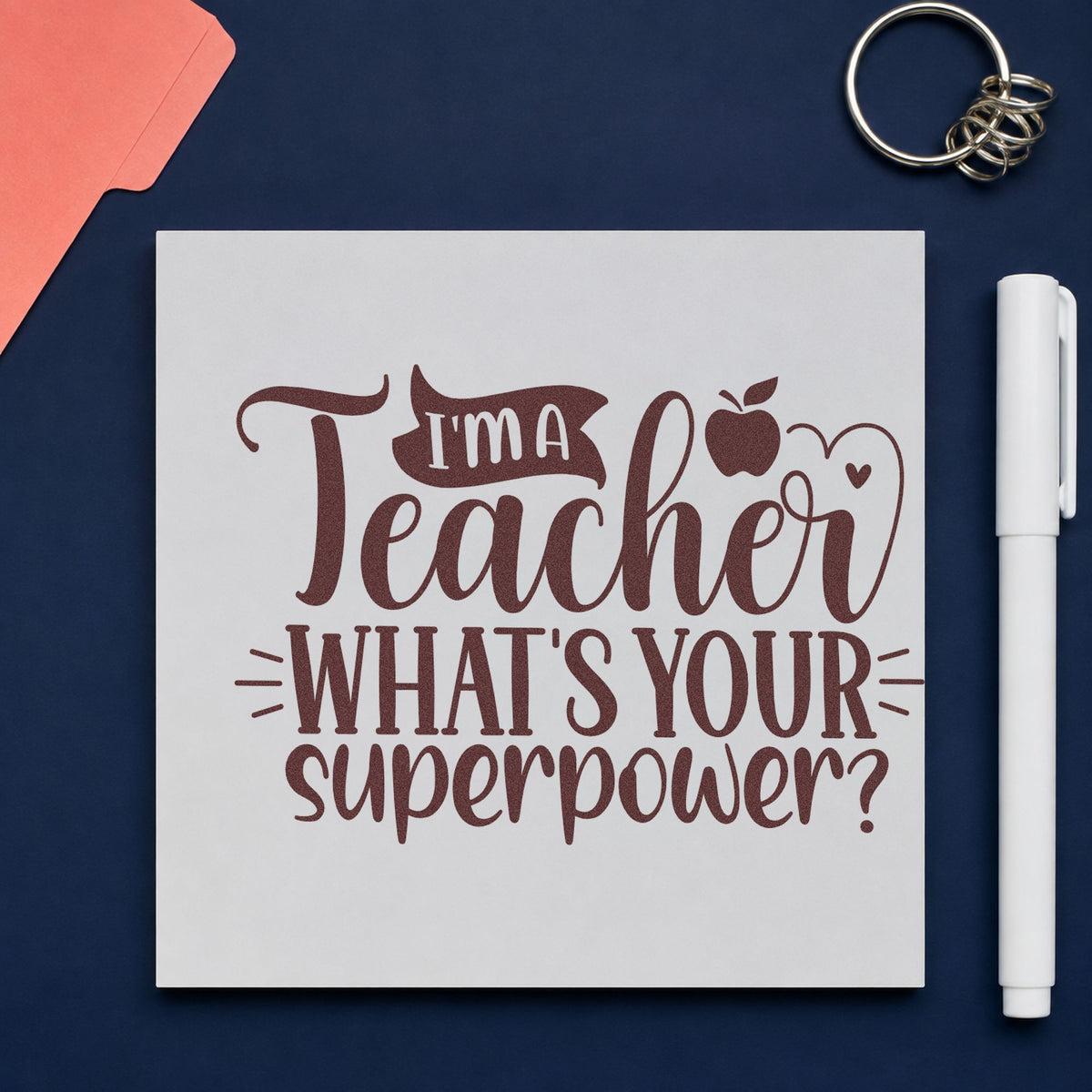 Teacher What's Your Superpower rubber stamp printed in brown ink, ready for job fair labels and similar paper crafts.