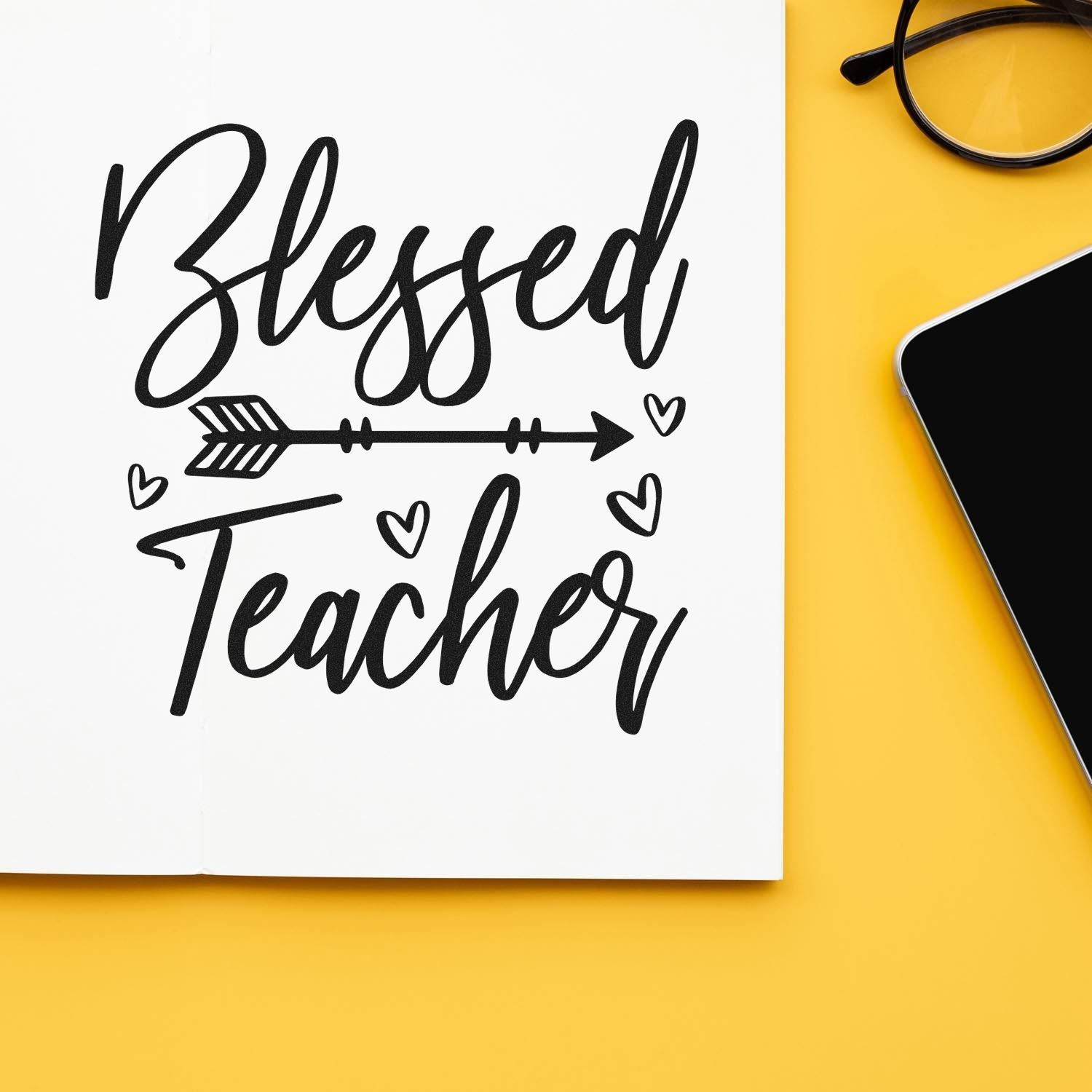 Blessed Teacher rubber stamp design with arrow and hearts, perfect for teacher appreciation crafts and classroom gifts.