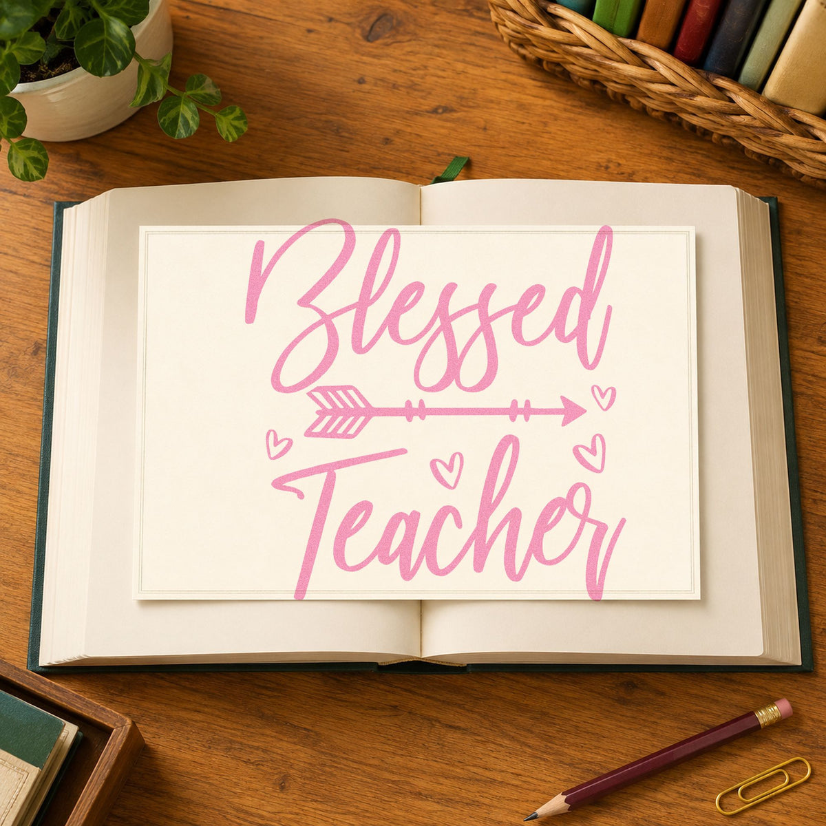 Blessed Teacher Feather Arrow craft stamp in purple ink on cardstock, an easy option for retreat swap tags.
