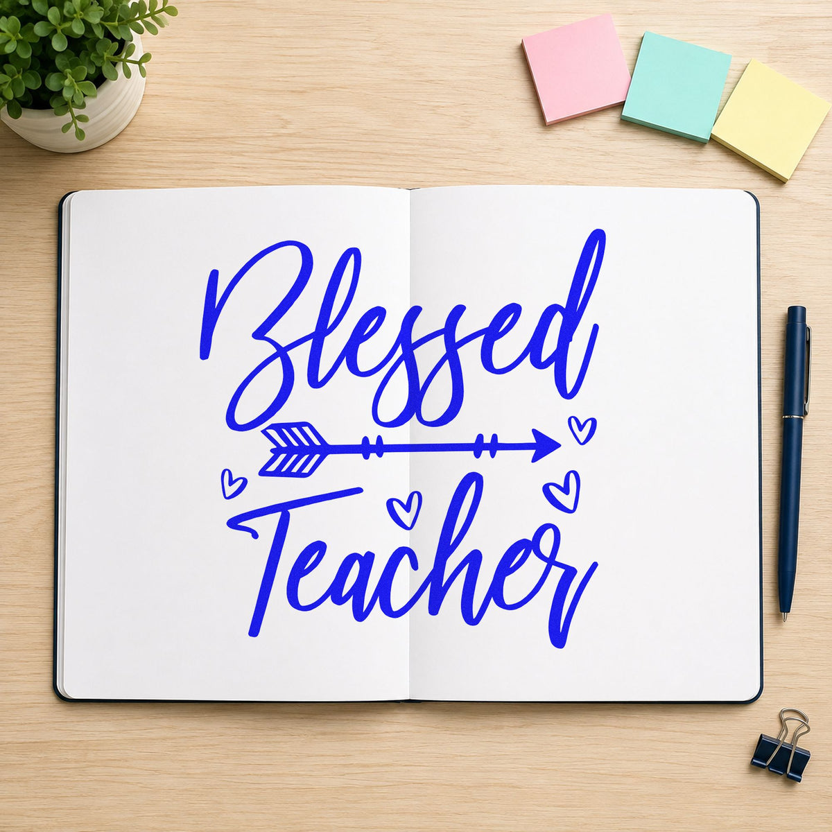 Blessed Teacher Feather Arrow craft stamp in blue ink on cardstock, an easy option for macrame tag panels.