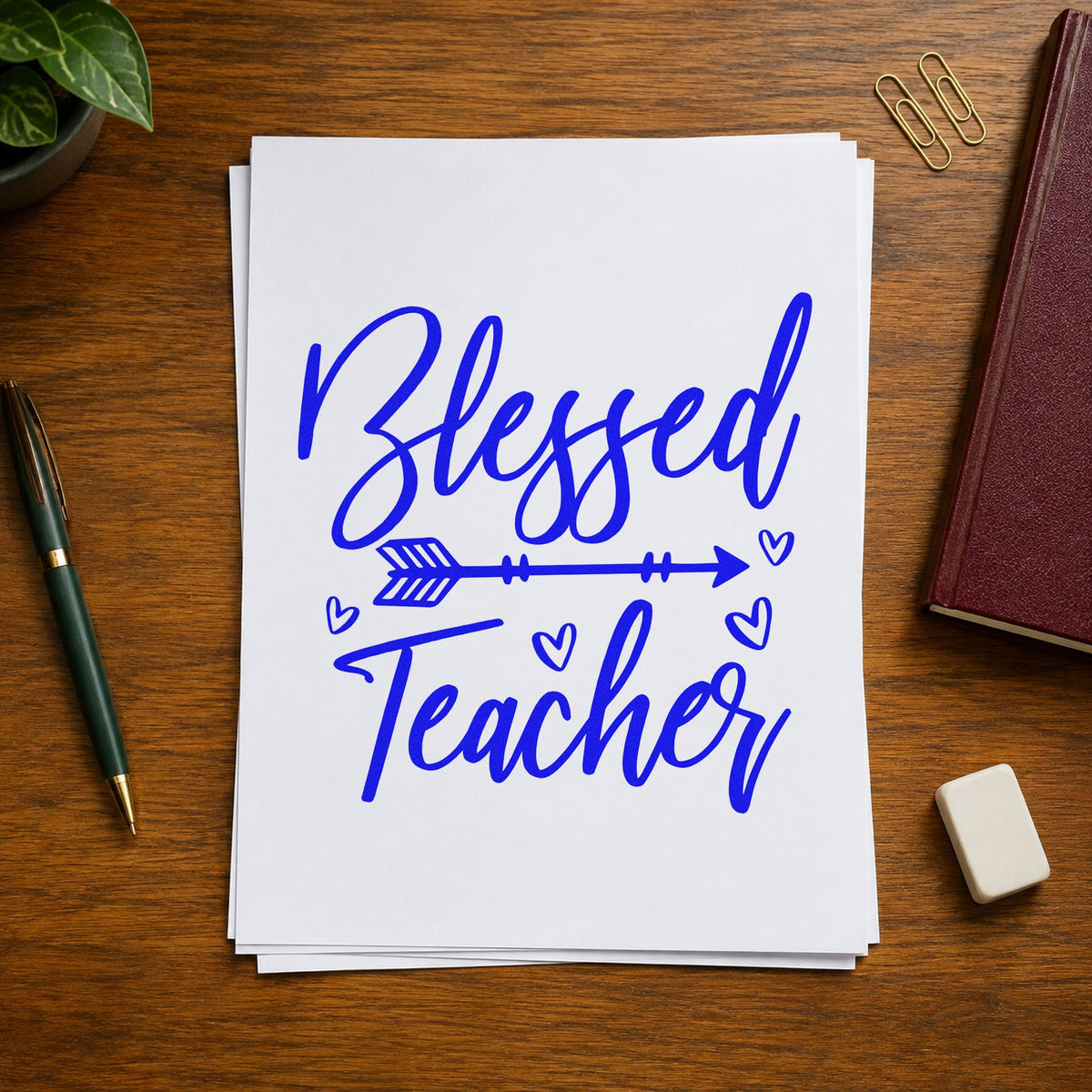 Blessed Teacher Feather Arrow craft stamp imprinted in blue ink on paper, a design suited to wax drop seals.