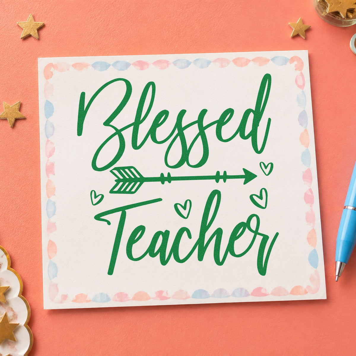 Blessed Teacher Feather Arrow craft stamp imprint in green ink on a handmade project, one idea being framed boho nook.